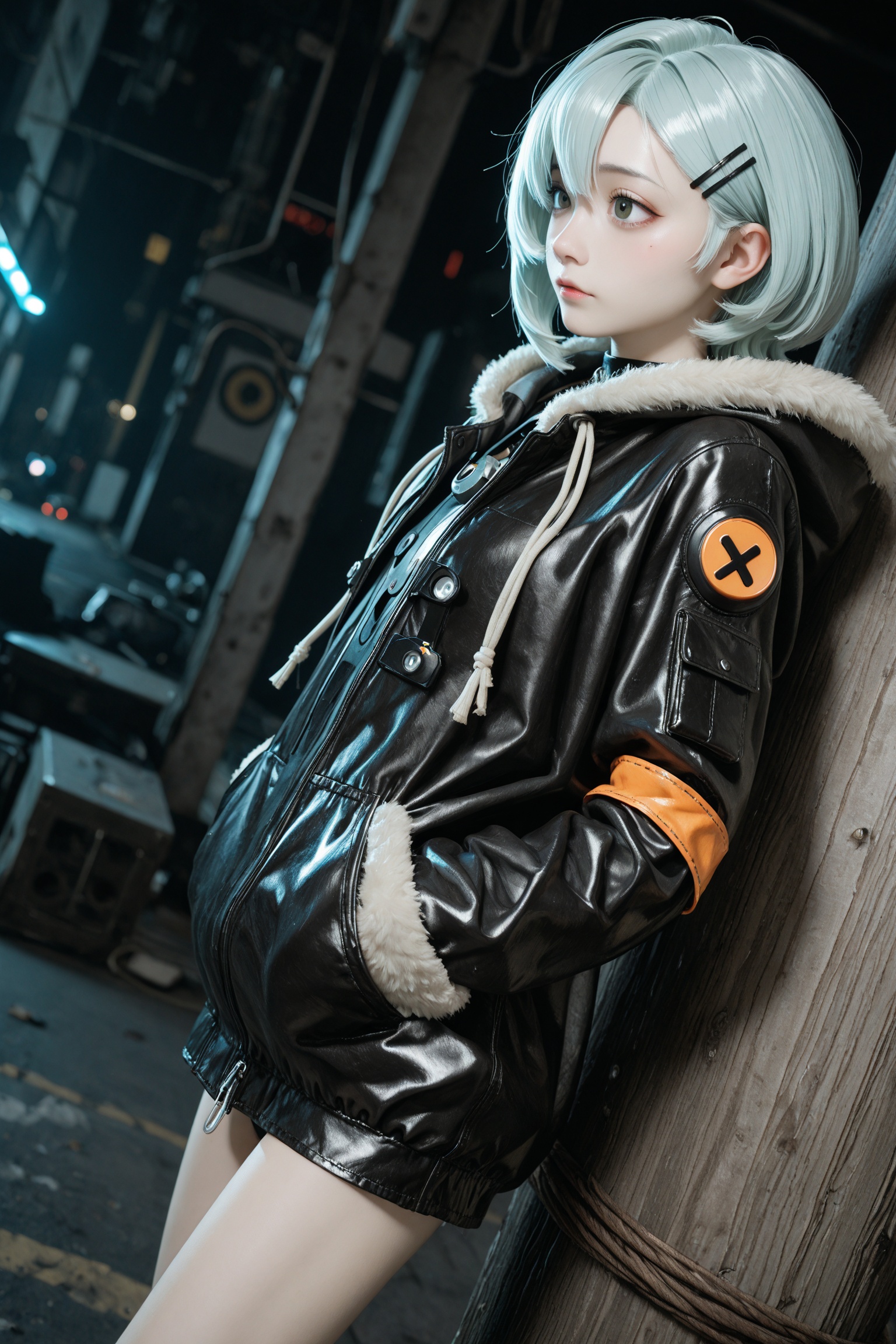 masterpiece,best quality,8k,(dino_(dinoartforame):0.5),(yoneyama mai:0.5),seed \(zenless zone zero\),newest,2024,HDR,8K,high detailed,subtle light,detailed background,in a leather post-apocalyptic outfit with cyberpunk aesthetic,indifferent,wearing a parka,wearing a hairclip,dynamic angle,dutch angle,