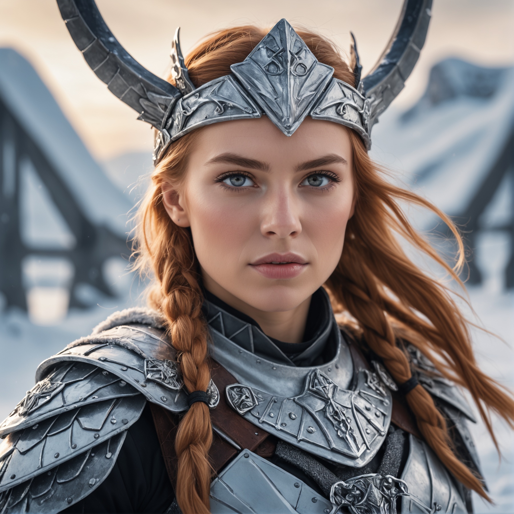 Epic Closeup photo of an Valkyrie In an ice landscape wearing nordic clothes ,  bifröst bridge in background,  high qualit...