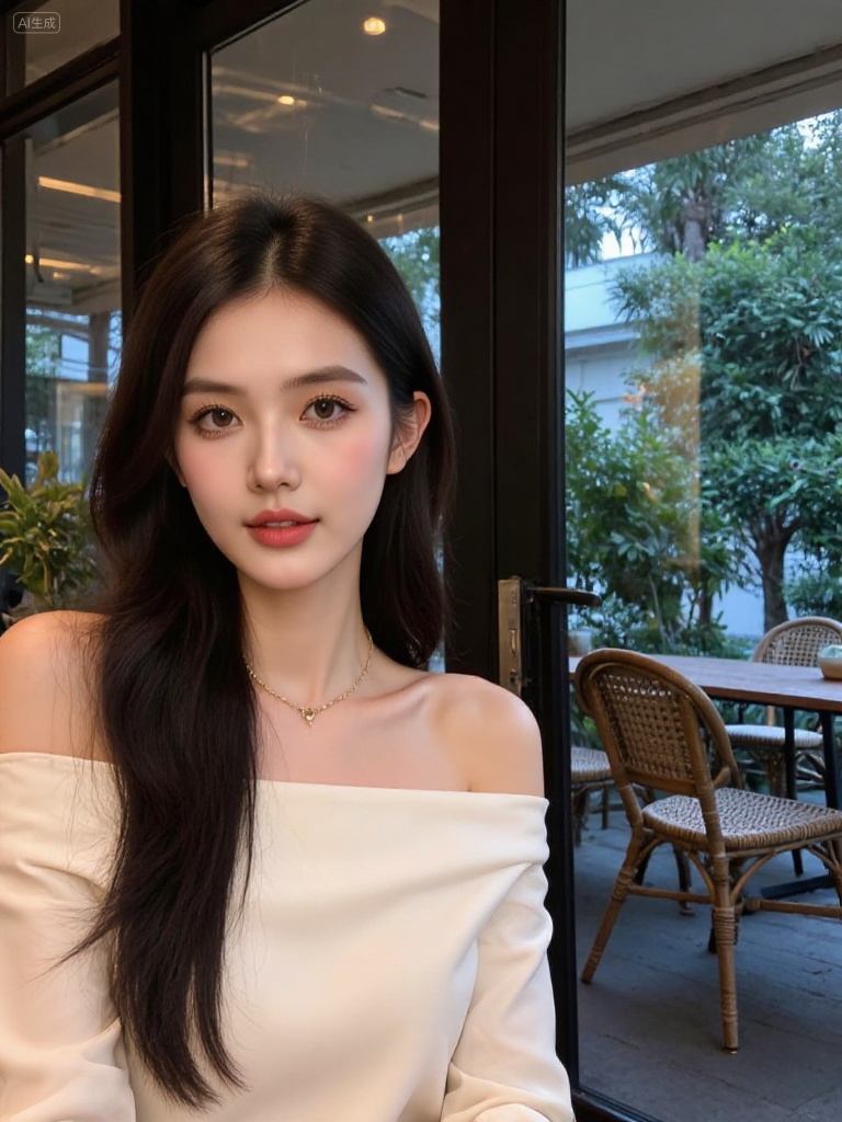 photograph of an east asian woman with fair skin and long, straight black hair, she has a delicate, oval face with large, almond-shaped brown eyes, and full lips painted in a soft pink shade, she wears an off-the-shoulder white blouse that reveals her collarbones and a thin gold necklace, the background features a glass door with black framing, leading to an outdoor patio area with wicker chairs and a table, green plants and trees are visible outside, creating a serene, natural ambiance, the indoor lighting is warm, contrasting with the cooler outdoor light, the overall style is casual and elegant, Steps: 28, Sampler: Euler, CFG scale: 4.0, Seed: 2869014830, Size: 768x1024, Model hash: 0734f0ab2ac6ee5eb9b9dd78fe8bae3a6ef8278135a482073ae31c17ea238747, Model: flux1-dev.sft, Denoising strength: 0, RNG: CPU, Lora 1: 20.safetensors, Lora Hash 1: 7622b1b523f93ebdd915a0d56777a54b18a61a8a2971b053e8459775a39910e2, Lora Weight 1: 0.8, vae_name: automatic