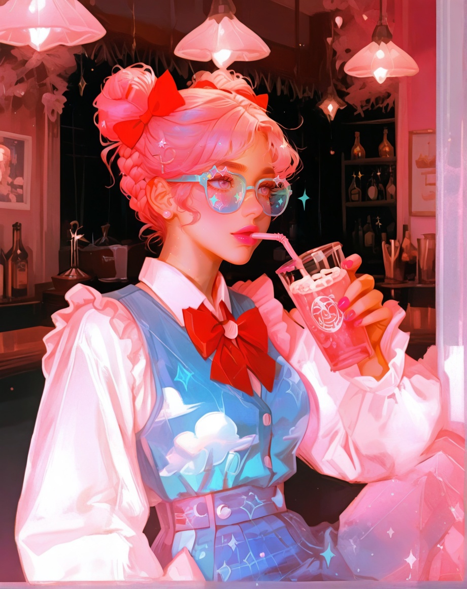 4k, hd, HDR, amazing quality, best quality, high resolution, goldenfieldszho, newest, very aesthetic, ultra-detailed, absurdres, perfect lighting, volumetric lighting, dark lighting, shadowing, good shadowing, depth of field, scenery, amazing aesthetics, cinematic lighting, cinematic, shading, good shading, counter_shading, female focus, solo, mature, 1girl, badge, blue_tinted_eyewear, blue_vest, blue_skirt, bow, bowtie, braid, cloud_shaped_eyewear, cloud_print, collared_shirt, crescent, crescent_hair_ornament, crescent_print, double_bun, drink, drinking_straw, ear_piercing, french_braid, frilled_sleeves, frilled_vest, frills, gem_hair_ornament, hair_bow, hair_bun, hair_ornament, hairclip, holding, holding_drink, lipstick, long_eyelashes, long_sleeves, makeup, mascara, multiple_hair_bows, nail_polish, neon_palette, novelty_glasses, piercing, pink_bow, pink_eyes, pink_hair, pink_lips, pink_nails, red_bow, red_bowtie, shirt, short_hair, skirt, sparkle, sparkle_print, star_(symbol), star_hair_ornament, sunglasses, tinted_eyewear, upper_body, vest, white_shirt, fairy_lights_background, polaroid_photos_scattered, string_lights, warm_glow, bokeh_effect, nostalgic_atmosphere, cozy_ambiance, polaroid_frames, photo_wall  <lora:BurntSugar:1>