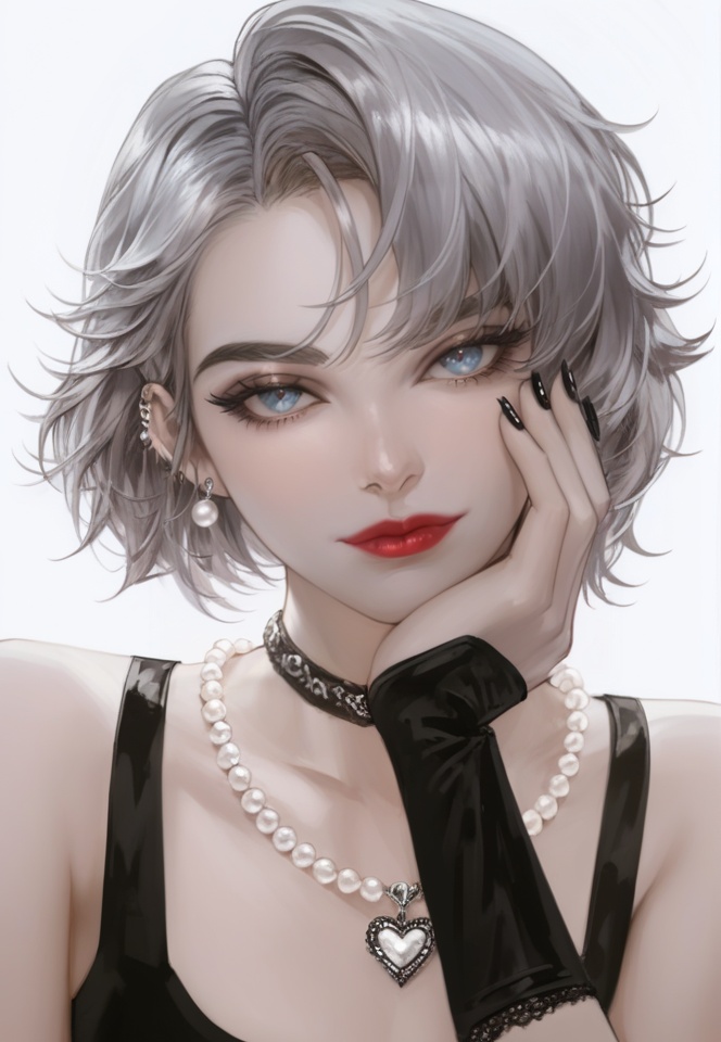 (best quality), ((masterpiece)), (highres), illustration, original, extremely detailed, <lora:美の欲:0.7>1girl, solo, necklace, jewelry, looking at viewer, black nails, heart, short hair, pearl necklace, hand on own face, piercing, white background, choker, portrait, lips, ear piercing, nail polish, earrings, blue eyes, hand on own cheek, closed mouth, simple background, grey eyes, grey hair