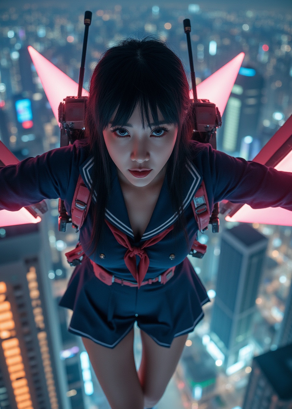 Ultra-realistic Japanese high school girl (JK), cute and slightly sexy, wearing a stylish modified school uniform, fierce demon-like expression, part-cybernetic body, with high-tech mechanical wings and advanced sci-fi weapons attached to her arms and back, glowing mechanical parts, realistic skin textures, flying high above a futuristic cyberpunk city at night, surrounded by neon lights, illuminated skyscrapers, light reflections on glass buildings, cinematic lighting, highly detailed, sharp focus, 8K resolution, photorealism, epic and dramatic atmosphere"