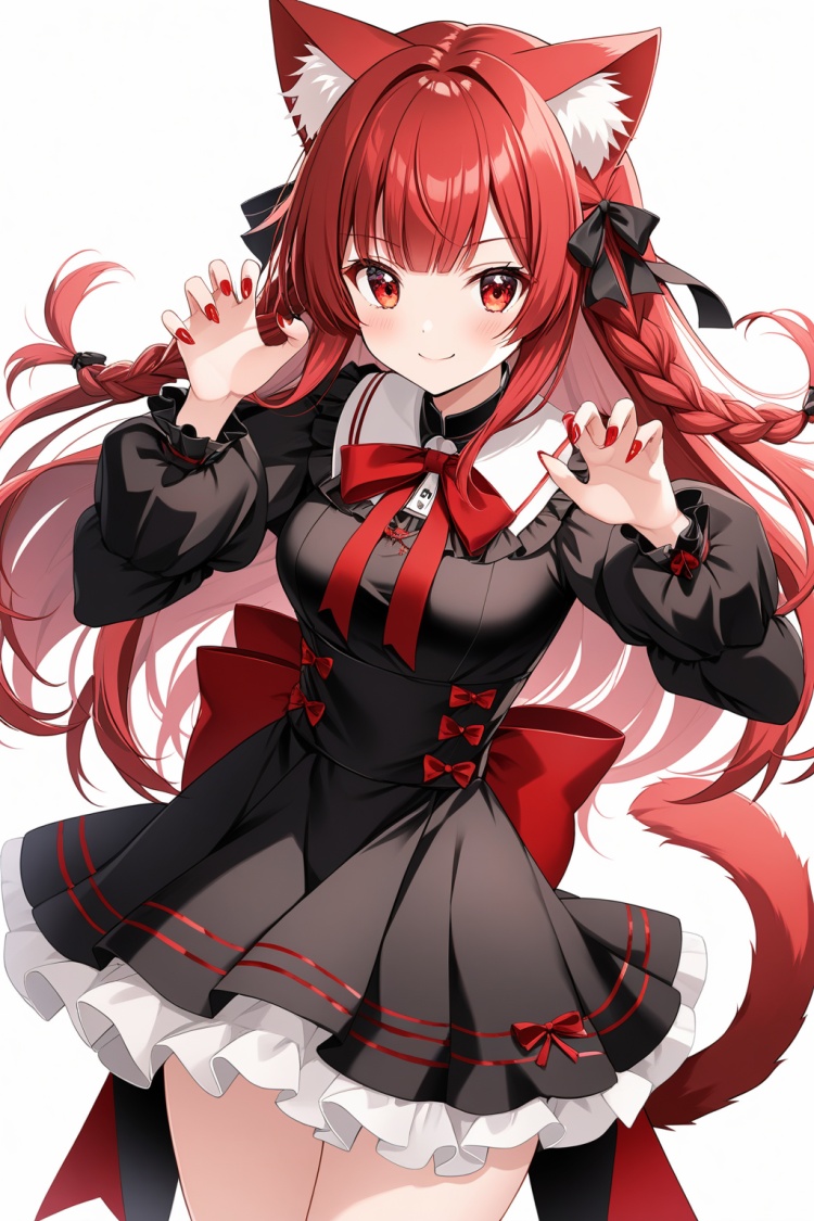 1girl, red nails, animal ears, solo, red eyes, cat ears, red hair, closed one eye, tail, double braids, simple background, braids, white background, cat tail, bangs, dress, ribbon, long hair, nail polish, red ribbon, looking at the audience, neck ribbon, long sleeves, kaenbyou rin, claw pose, black dress, blunt bangs, animal ear fluff, raised hands, fluffy sleeves, closed mouth, double tail, bow, cowboy shot, smile