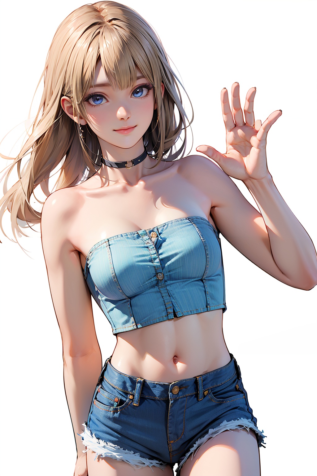 Best quality,masterpiece,ultra high res,high quality,8k,wallpaper,fine lineart,highly detailed,absurdres,upper body,waving,perfect hands,pretty hands,marie rose,1girl,solo,breasts,navel,white background,small breasts,looking at viewer,standing,choker,simple background,closed mouth,bandeau,o-ring,smile,denim shorts,bare shoulders,collarbone,open fly,strapless,midriff,front view,<lora:marierose2rface:0.7>,