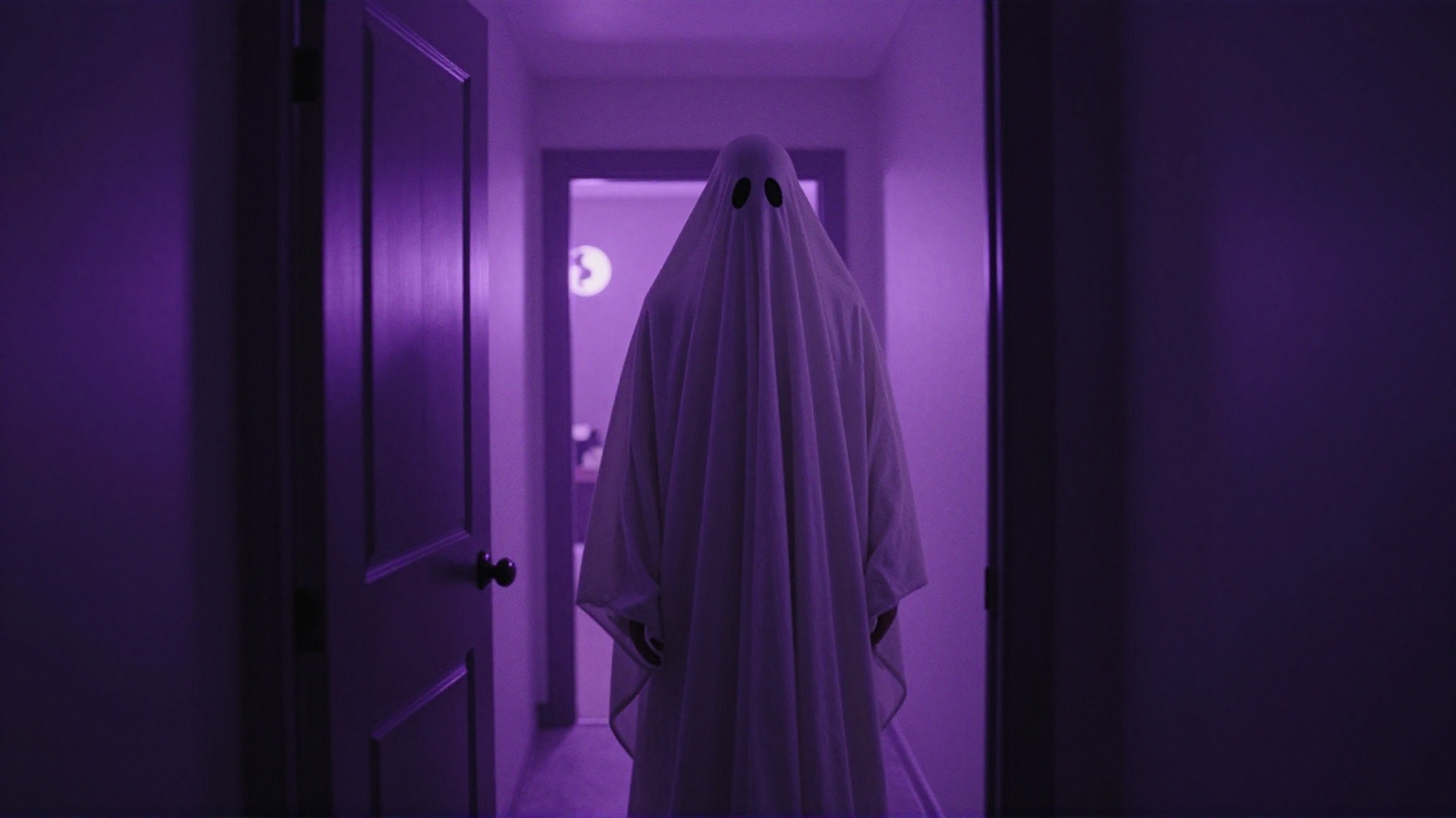 cinematic film still of purple themed cinematic film style a ghost from behind standing in a hallway with a purple light,...