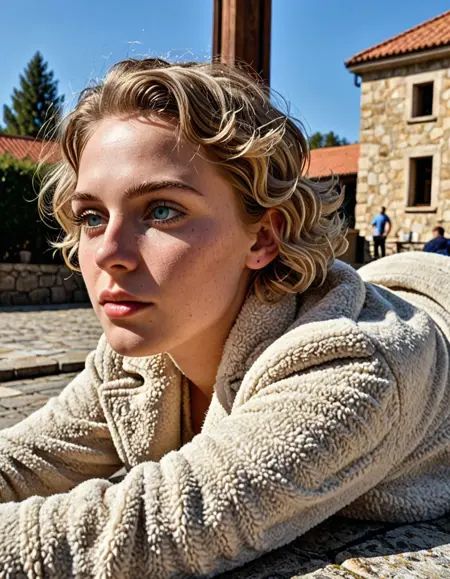 score_9, score_8_up, score_7_up, score_6_up, A  woman, looking up.,️a woman with sexy pose,Short curly hair,Light blond hair,dressed in a tweed coat with a fur collar and wide-leg trousers,Lying on a stone courtyard, a woman's body is partially obscured by a lavish silk dupatta draped across her chest, her legs folded and resting on a velvet cushion, the edges of her golden-hued saris peeking out,High exposure,side view, close-up seen from below,A serene mountain lake reflects the surrounding peaks like a mirror,️Clear blue sky,️Hyperrealistic art Extremely high-resolution details photographic realism pushed to extreme fine texture incredibly lifelike,️(masterpiece best quality ultra-detailed best shadow amazing realistic picture),Canon eos 5d mark 4,️natural lighting