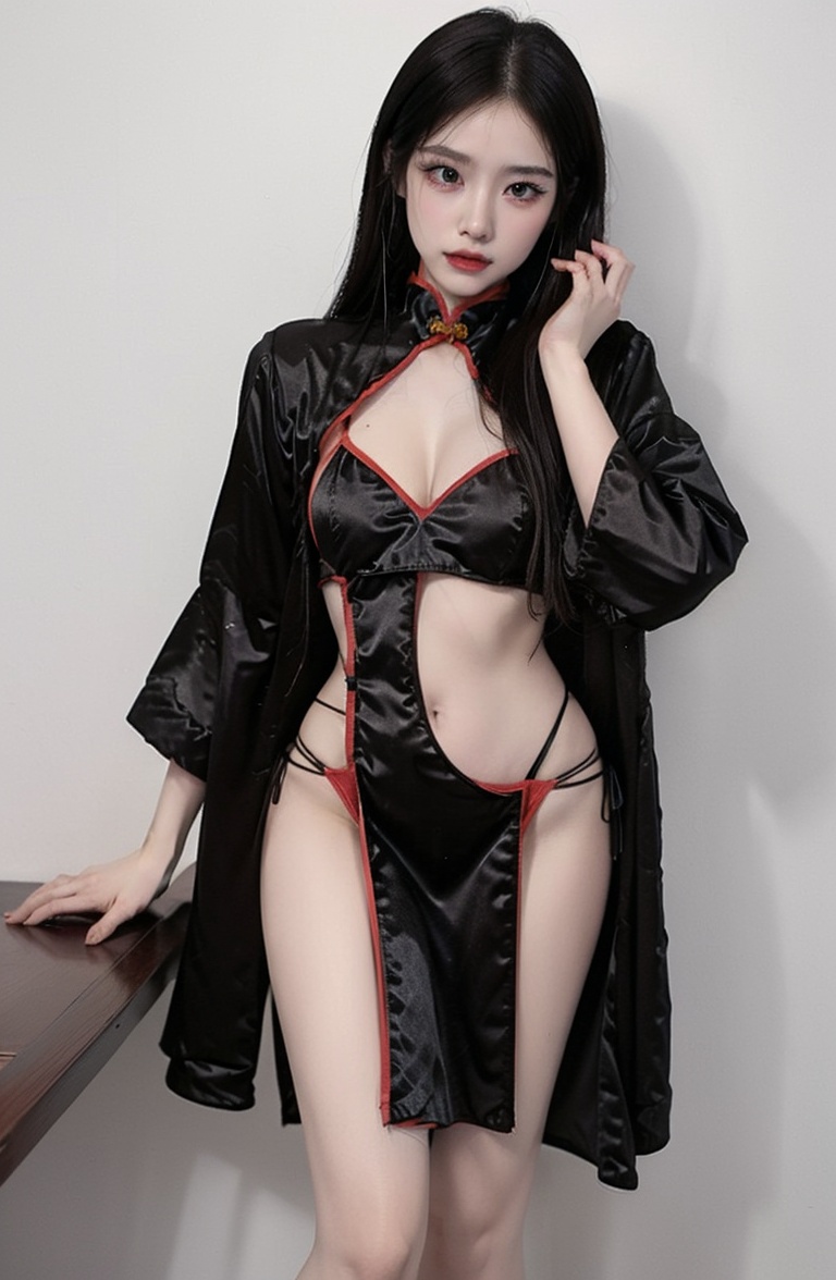 (masterpiece, best quality:1.4),finely detailed,1girl,solo,pale skin,perfect body,standing,(medium breasts:1.2),(cowboy_shot:1.2),<lora:killer性感镂空肚兜显胸旗袍v1.0-000008:0.8>,china dress,chinese clothes,cross-lacedclothes,dress,panties,underwear,