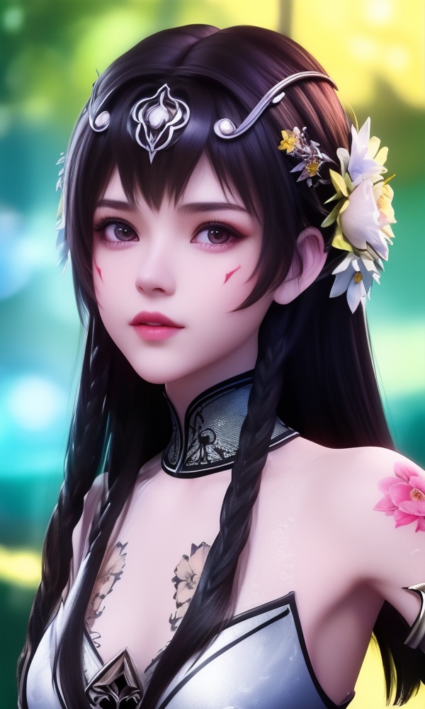 (,1girl, ,best quality, ),looking at viewer, <lora:406-DA-太一剑仙传-钟灵秀:0.8> ,,ultra detailed background,ultra detailed background,ultra realistic 8k cg,, ,masterpiece, (( , )),ultra realistic 8k cgSurrounded by strange, movie perspective, advertising style, Colorful background, splash of color A beautiful woman with delicate facial features,tattoo all over body, flower arms,