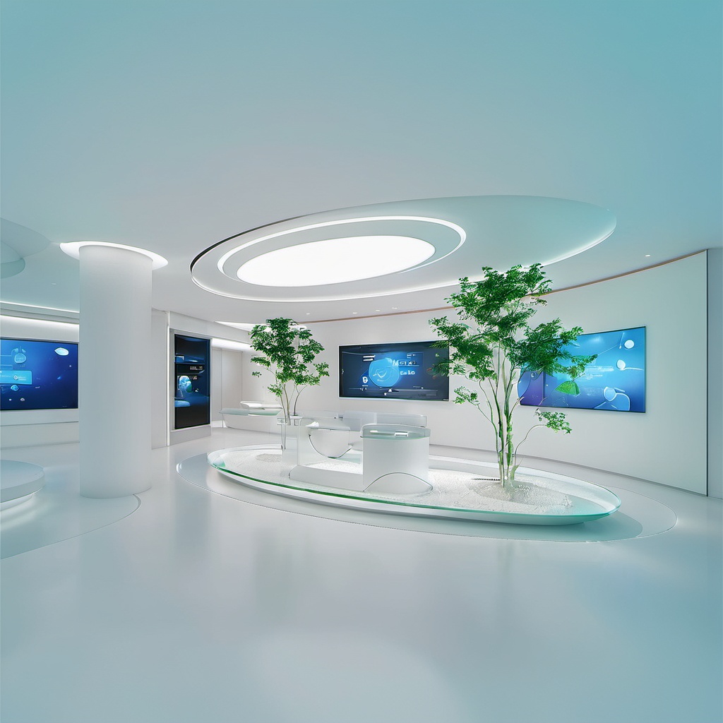 LIUXIANjiegou,White ceiling, white oval light on top, curved wall, LED screen, oval glass booth, green plant, white wall, white floor, White Space, masterpiece,High quality,4K,professional lighting,VRAY rendering
