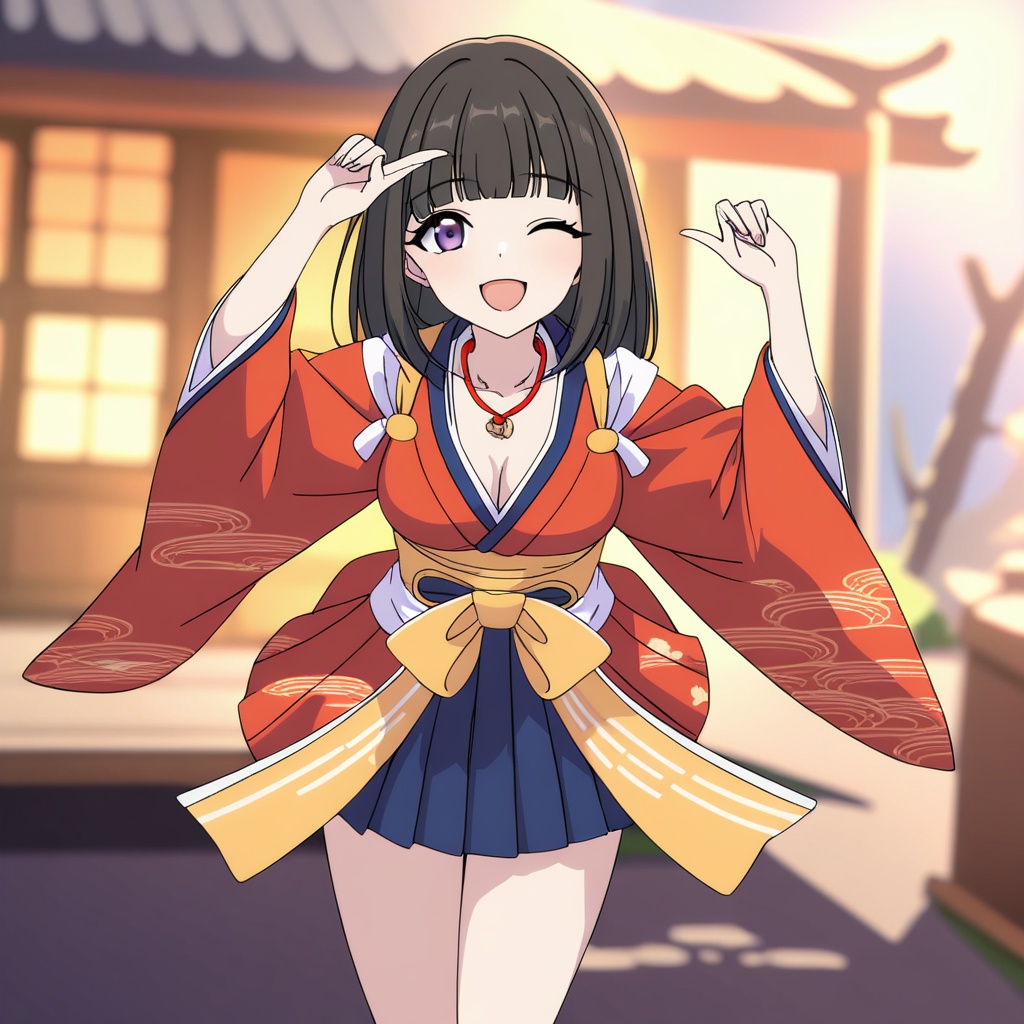 1girl,(japanese clothes:1.2),(skirt ),blunt bangs,open mouth,solo,standing,one eye closed,smile,;d,looking at viewer,necklace,masterpiece,newest,absurdres,sensitive,<lora:PCRcutain:0.7>,