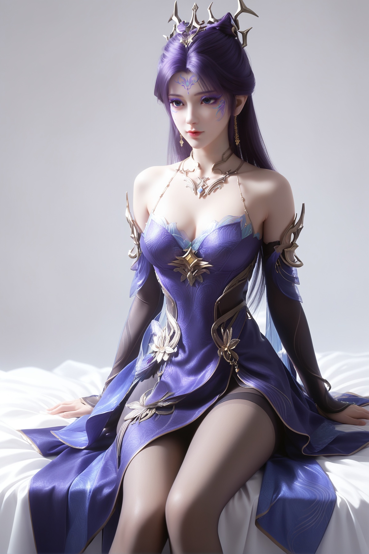 score_9,score_8_up,score_7_up,<lora:wy_mengkeer_xm_XL7.0:0.8>,purple hair,blue eyes,forehead mark,facial mark,1girl,long hair,breast,medium breast,hair_ornament,dress,purple_dress,pantyhose,sitting,simple background,bed,