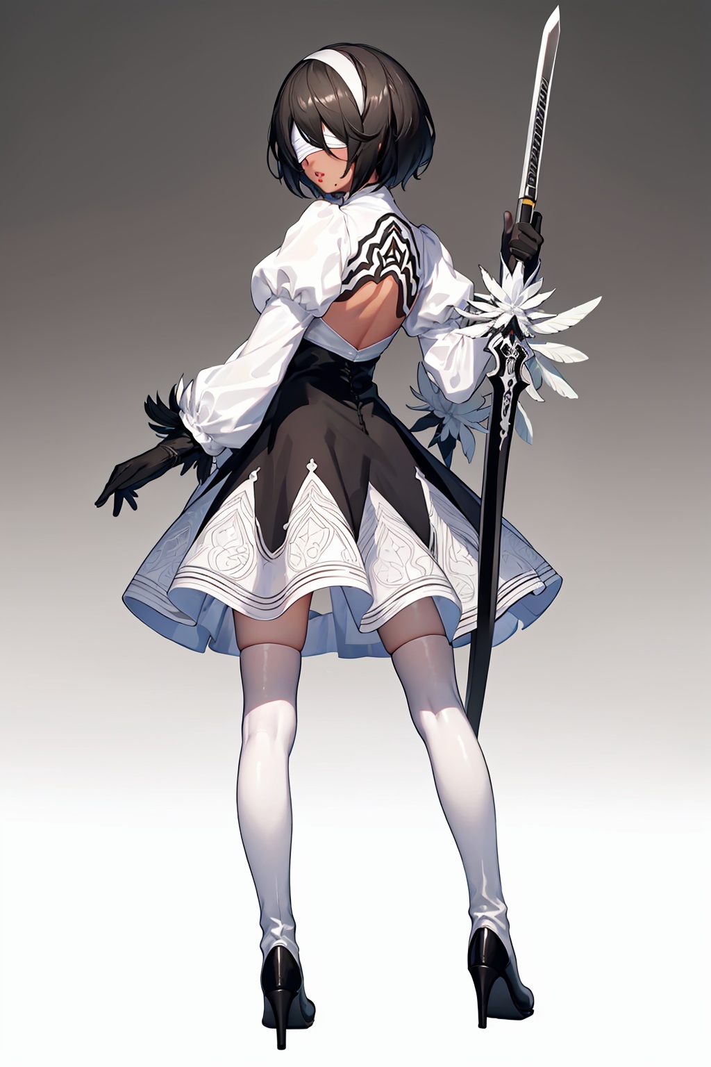 masterpiece,best quality, highly detailed, 2p (nier:automata),1girl, dark-skinned female, white footwear, mole under mouth, puffy sleeves, gradient, shiny, feather trim, solo, white dress, gradient background, full body, lips, long sleeves, thigh boots, back cutout, gloves, sword, player 2, high heel boots, looking back, white thighhighs, white hairband, short dress, blindfold, holding weapon,<lora:2p_(nierautomata):1>