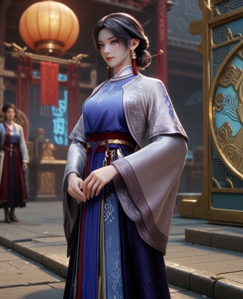 (oriental architecture, elegant decor, sophisticated style:1.1),(Parkour,posing with a graffiti wall:1.1),(breasts:1.2),<lora:XL16牧神记锦娘:0.95>,miss jinniang,blue shirt,white  jacket,blue eyes,black hair,single hair bun,earrings,red maxiskirt,wide sleeves,black footwear,, score_9,score_8_up,score_7_up,score_6_up,score_5_up,score_4_up,3d rendering,tag1,tag2, Cinematic Lighting,backlighting,