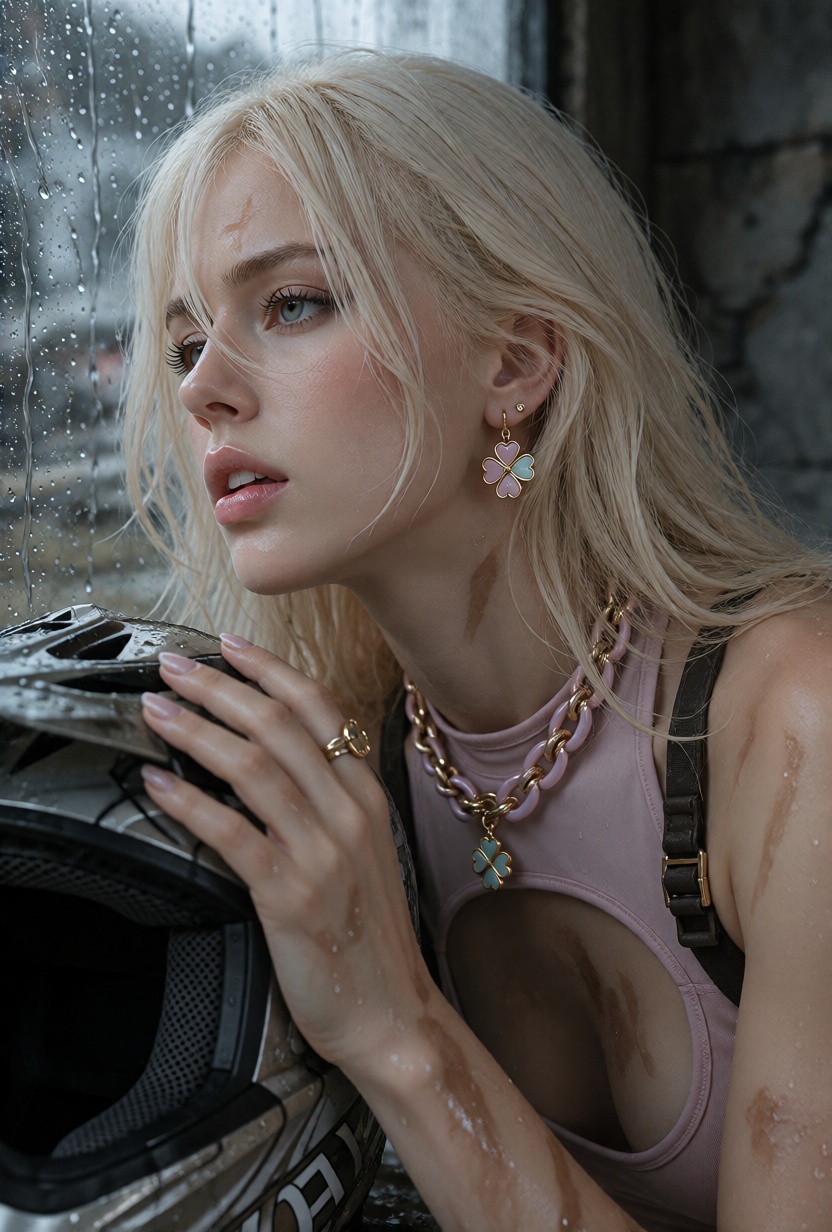 AureliaX,  long pale platinum-blonde hair with wispy curtain bangs and soft loose waves. A photorealistic cinematic photog...