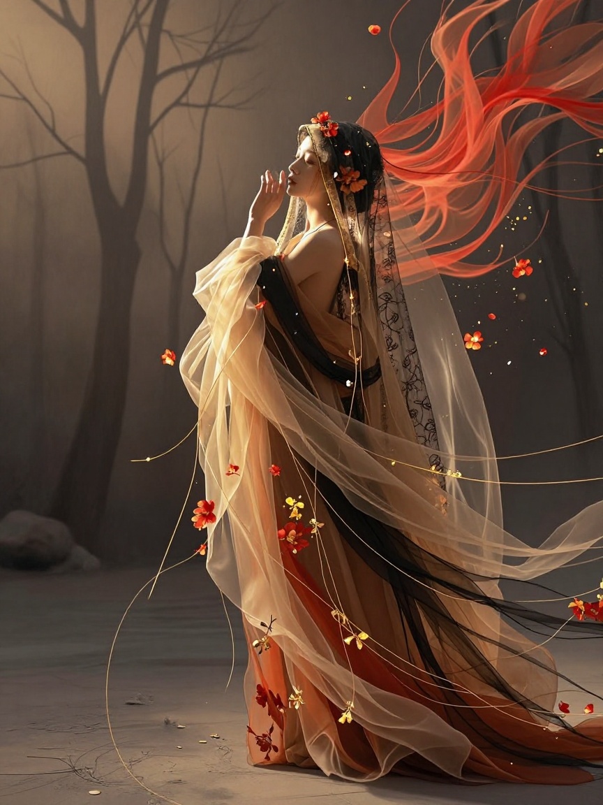 Tuarichit art style. In this arresting cinematic frame,  a woman stands poised like an ethereal muse against a desolate,...
