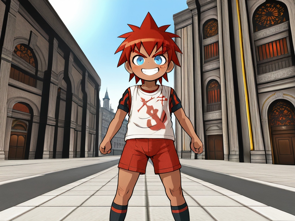 <lora:DGRP_Masaru_XL:1>,explicit,Daimon Masaru,(best quality:1),(best detail:1),(masterpiece:1),outdoors,street,male focus,1boy,solo,(toddler:1.3),(petite:1.2),red hair,red thick eyebrow,short hair,blue eyes,dark skin,perfect hands,(5fingers:1.1),short sleeves,black socks,grin,correct anatomy,full_shot,animation style,available light,(incredibly absurdres:3),