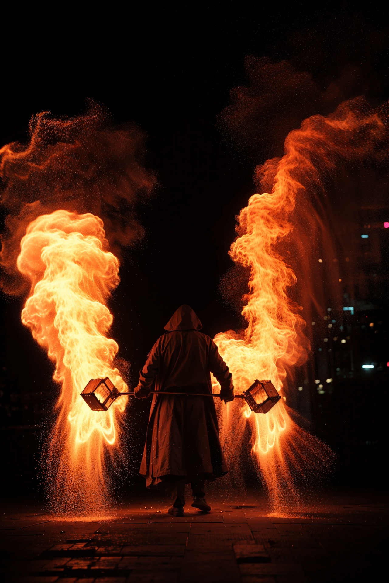 (masterpiece),(best quality),ultra detailed,hdr,a man,HUOHU art,fire,Black background,at night,