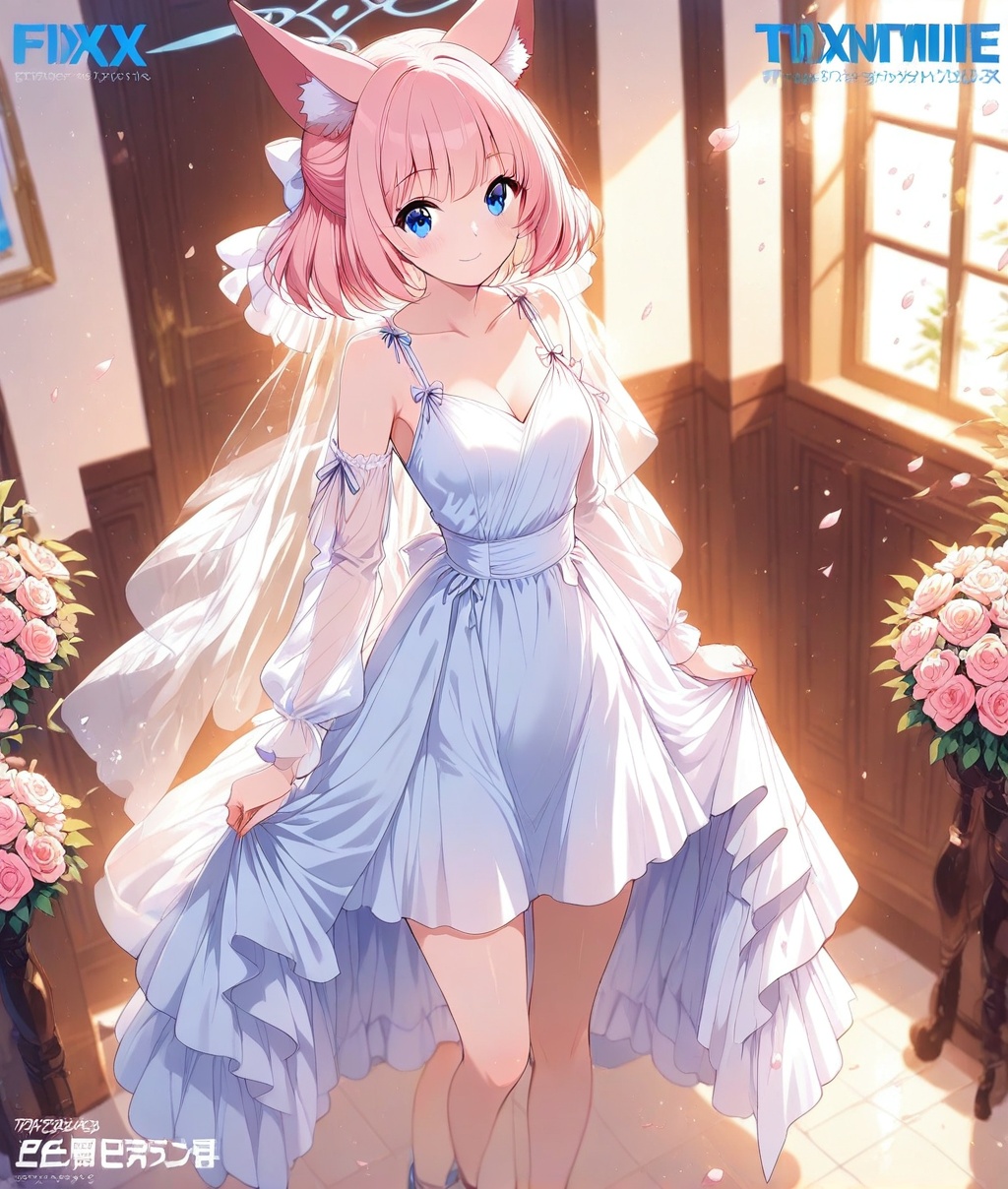 O,ultra detailed anime texture,Yazawa Nico(blue archive),Yazawa Nico(blue archive),1girl,dress,solo,animal ears,pink hair,blue eyes,breasts,white dress,flower,detached sleeves,animal ear fluff,smile,white footwear,cleavage,blurry,halo,looking at viewer,full body,skirt hold,medium breasts,short hair,bangs,bare shoulders,rose,petals,standing,depth of field,long sleeves,see-through sleeves,collarbone,see-through,blush,white flower,blurry background,indoors,sleeveless dress,white sleeves,shoes,window,pink flower,sleeveless,closed mouth,(aesthetics ),masterpiece,best quality,ultra high definition,32K resolution,clear focus,delicate details,high-end texture,fashion photography,film perspective,rich colors,color palette,advertising style,tension composition,masterpiece,mild atmosphere,latest,dynamic Dutch perspective,transparent composition,magazine cover,cover,