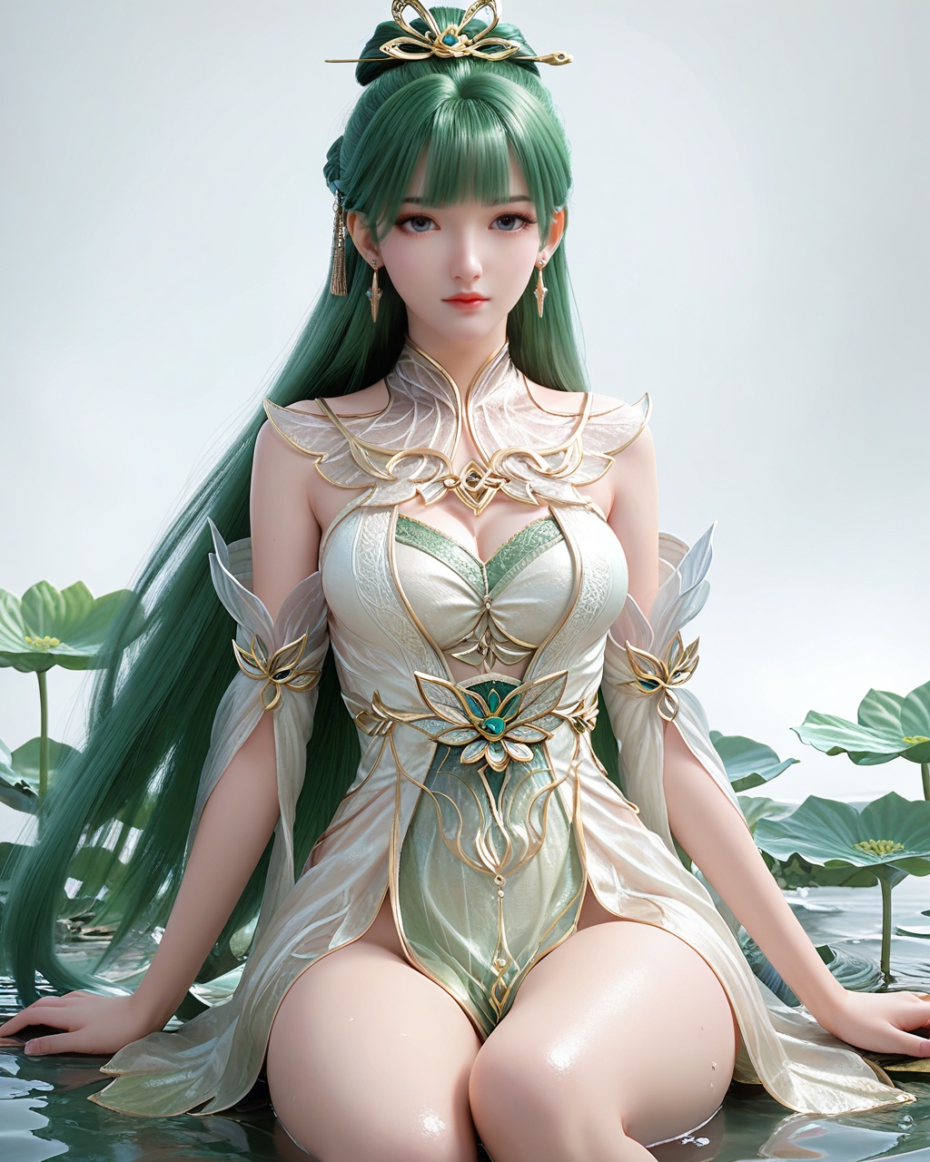 score_9,score_8_up,score_7_up,1girl,long hair,breast,medium breast,earrings,hair_ornament,dress,green hair,thick_thighs,<lora:wy_fuqu_XL7.0:0.8>,sitting,pondel,lotus,sitting on the water,skindentation,<lora:细节B:0.5>,clear background,