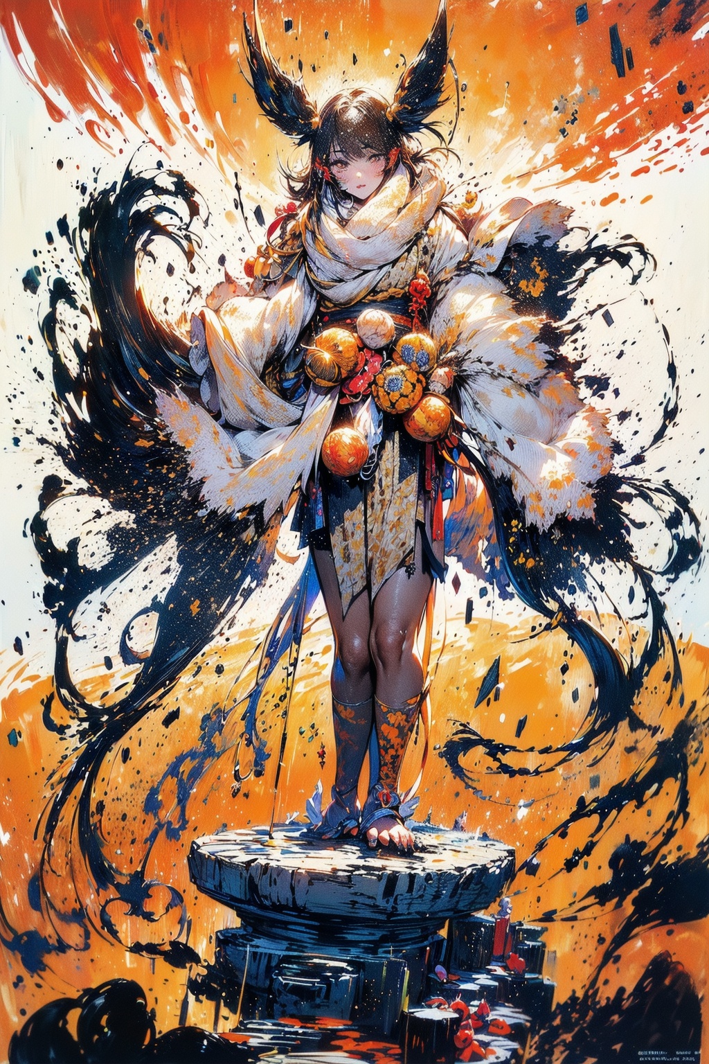 long hair severe floworange background painting wafuku full body standingstone grand bonsai Japanese apricotlooking at vie...