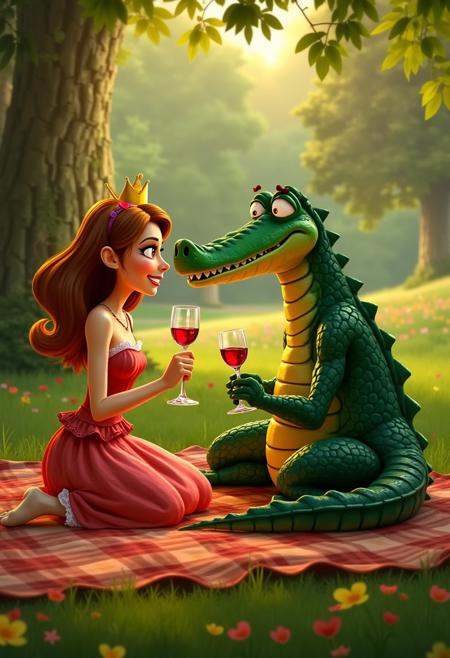 raymanlegends,  a woman and a crocodile man having romantic picnic together in a park,  drinking wine. on Tensor.Art