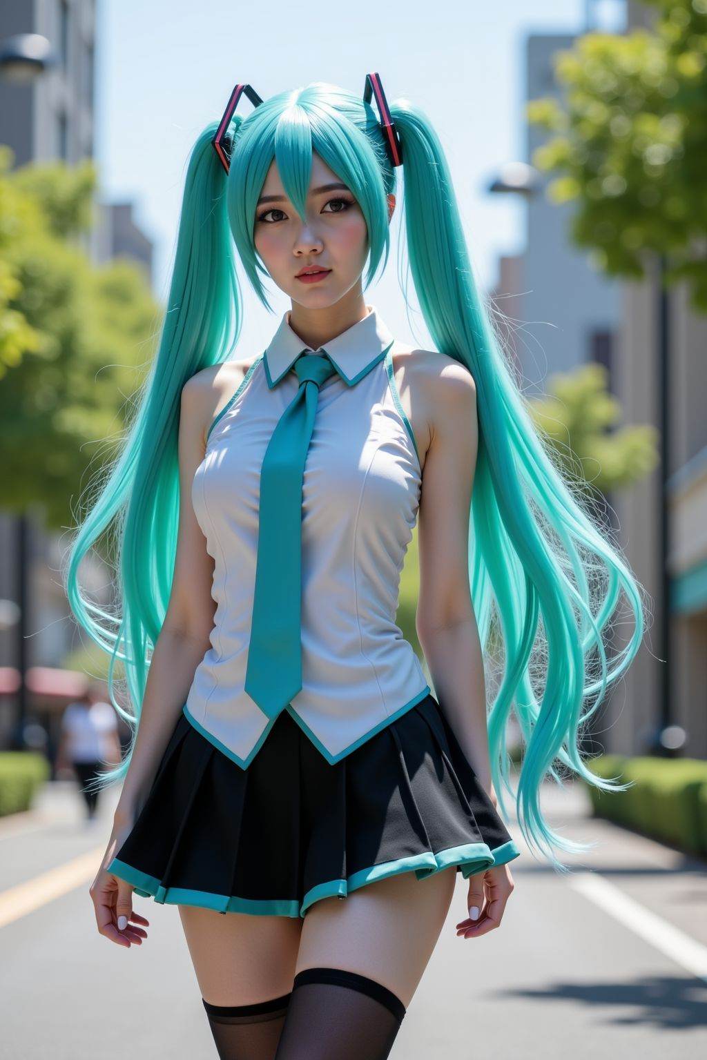 This photograph captures a young woman dressed in an elaborate cosplay of Hatsune Miku, the popular Vocaloid character. She has long, flowing turquoise twin-tails, a sleeveless white blouse, a black pleated mini-skirt, and thigh-high black stockings. She is standing confidently on a sunlit city street lined with trees and modern buildings. Her skin is fair, and she has a slender physique. The overall aesthetic is vibrant and detailed, emphasizing the cosplay's accuracy and appeal.