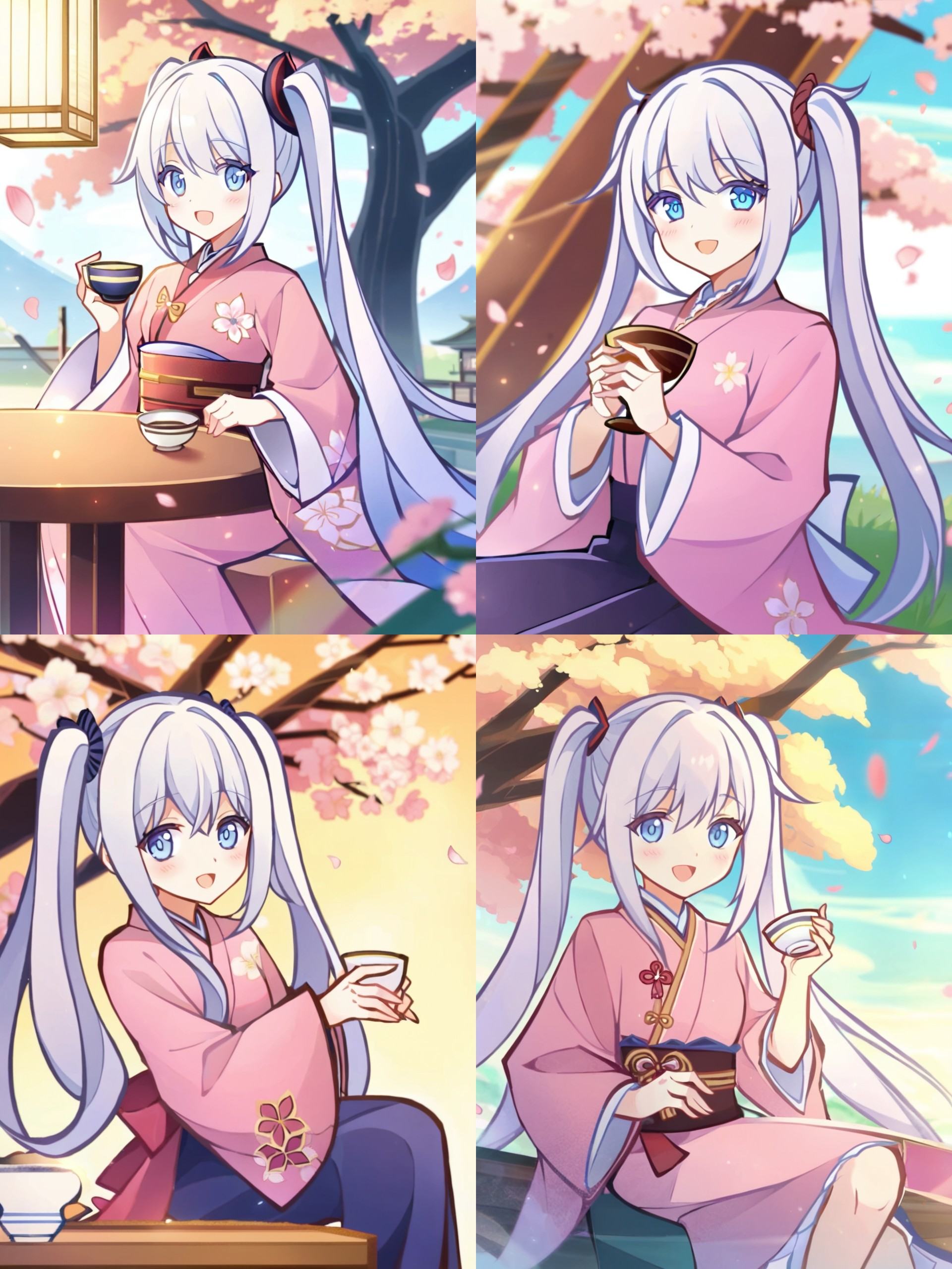 best quality,amazing quality,very aesthetic,1girl,solo,japanese_clothes,long_hair,holding,twintails,smile,cup,kimono,cherry_blossoms,looking_at_viewer,holding_cup,floral_print,bangs,pink_kimono,very_long_hair,open_mouth,hair_between_eyes,:d,flower,long_sleeves,pink_flower,print_kimono,wide_sleeves,outdoors,hakama,blue_eyes,petals,blush,tree,sitting,white_hair,<lora:liyueFP8v2:0.8>,