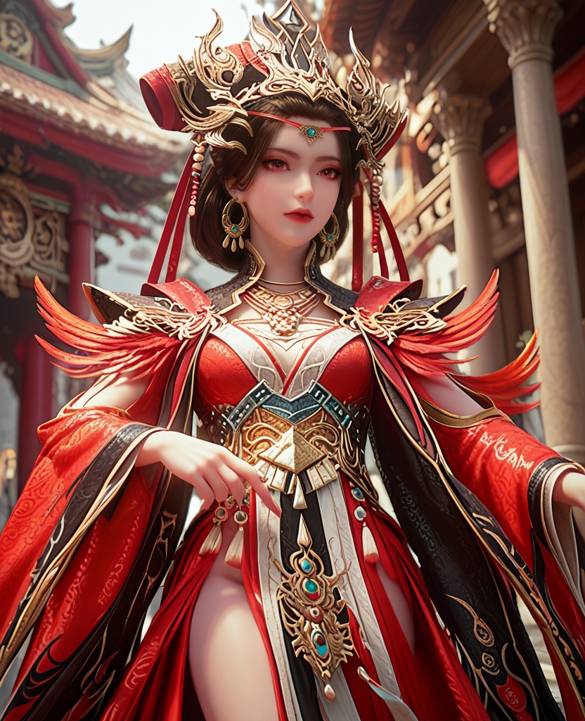 (oriental architecture, elegant decor, sophisticated style:1.1),ass,(breasts:1.2),<lora:XL完美世界火离城大祭司>,priestess,solo,red dress,black shawl collar,feathers trim,pink eyes,black hair,hair ornament,earrings,jewelry,eyelashes,sash,hollow out long sleeves,white bra,lips,black pelvic curtain,black petticoat,, zPDXL2, score_9, score_8_up, score_7_up BREAK realistic, masterpiece,best quality, highly detailed,, zPDXL3, zPDXL2,zPDXL, zPDXLxxx, zPDXLrl,