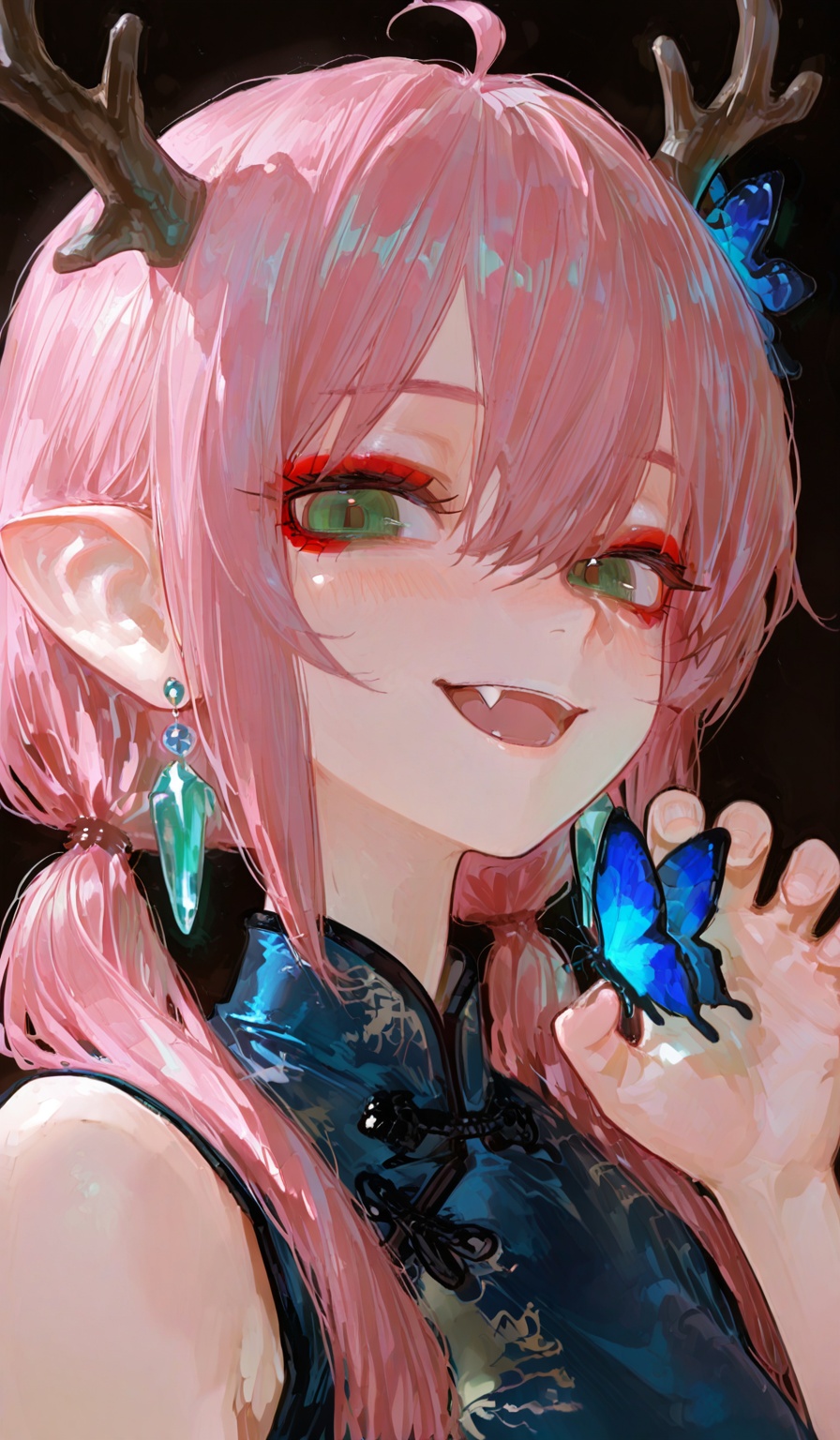 <lora:Taswell的SenSen画风:0.8>,highres,absurdres,newest,very awa,masterpiece,best quality,year 2024,(vanripper:1.2),yomiya_sateko,potg_(piotegu),void_0,(dino_(dinoartforame):0.8),(fkey:0.8),(yomu_(sgt_epper):0.8),(close-up:1.8),(upper body:1.5),cinematic lighting,god rays,ray tracing,reflection light,black background,1girl,solo,fang,:d,pink hair,antlers,pointy ears,crystal earrings,low twintails,green eyes,red eyeshadow,blue butterfly hair ornament,ahoge,(thick thighs:1.1),deep blue china dress,yellow Marginal decoration,claw_pose,