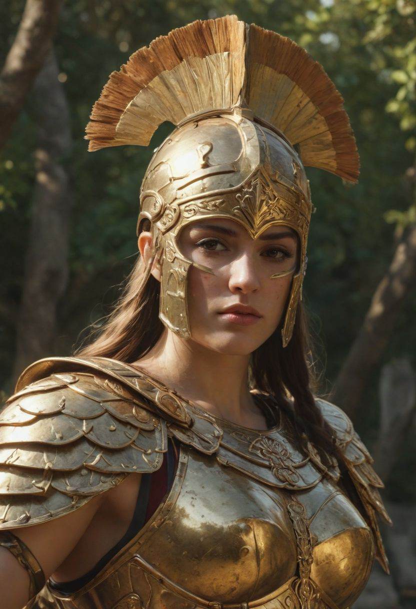 Full shot of Artemis the Greek Goddess at the Elysian Fields,  ancient greek golden armour,  ancient greek helm on Tensor.Art