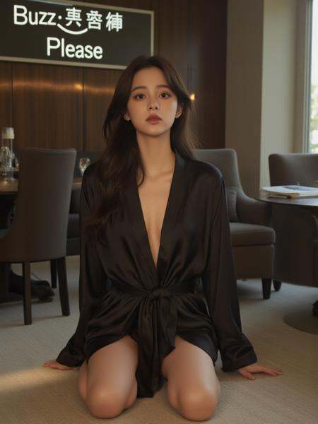 (text "Buzz Me Please" in sky:1.2),There are wonderful studio lights and various reflections,18yo girl her face is very delicate,skin naturally showing the texture of blood vessels and detailed pale skin,<lora:flux_realism_lora:0.8>,<lora:Nana_Ouyang_f1_epoch_17:1>,chinese actress,source:cartoon,Fleur,1girl on all fours,wearing a black silk short robe,stockings,sleeves,sexy,big boobs,at a luxury hotel,living room,indoors,solo,highly detailed,intricate details,digital art,perfect anatomy,perfect proportions,4k,seductive pose,