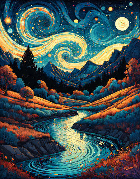 Art by James R. Eads,  Swirling and flowing lines define the vivid landscapes and sky,  drawing inspiration from Van Gogh'...