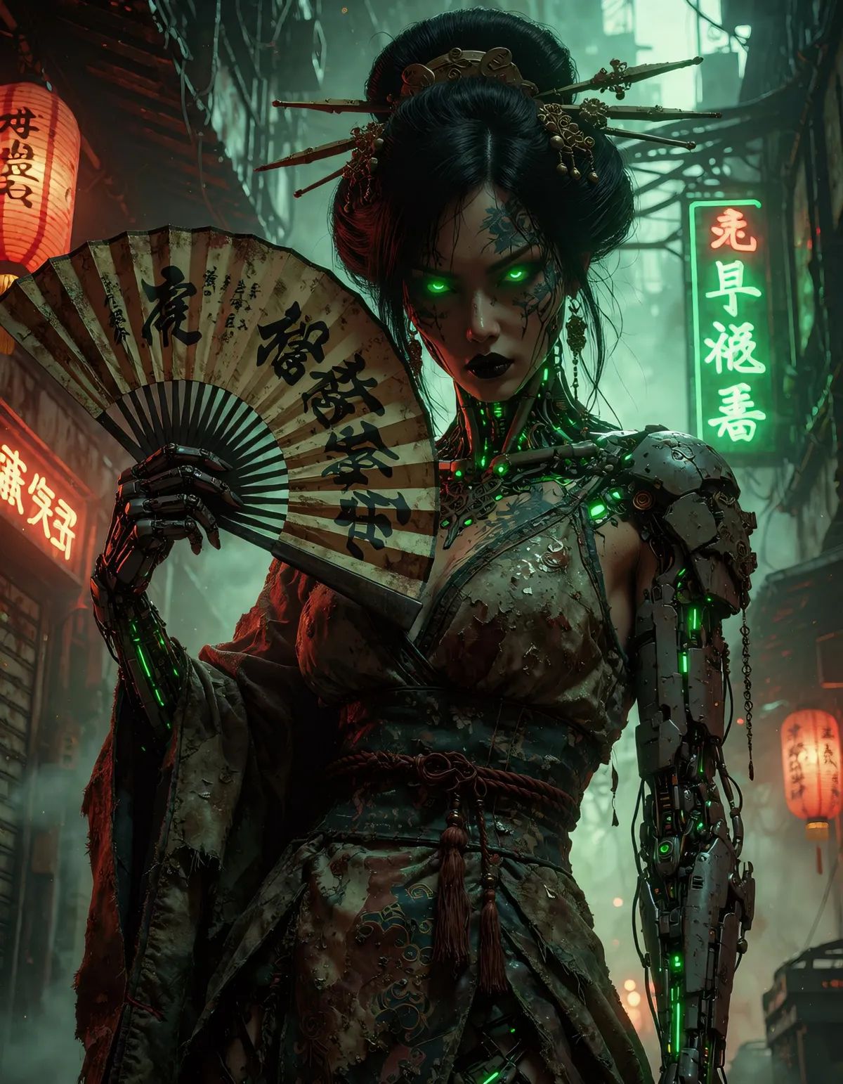 A dark grimy post-apocalyptic industrial cyberpunk scene,  heavily textured grunge aesthetic. A fierce woman with traditio...