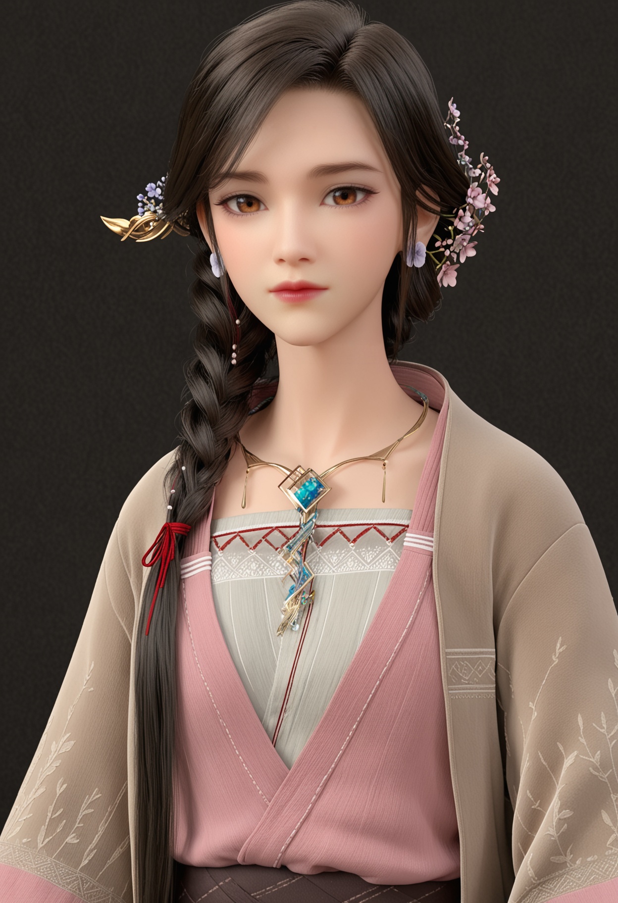 (upper_body:1.2),(looking at viewer:1.1),facing viewer,direct gaze,<lora:YQ_pony_yingmo_V4:0.8>,q1528437228,1girl,solo,jewelry,long hair,hair ornament,earrings,braid,brown hair,brown eyes,hair flower,necklace,black hair,dress,long sleeves,single braid,BREAK simple background,pure black background,black background,perfect anatomy,