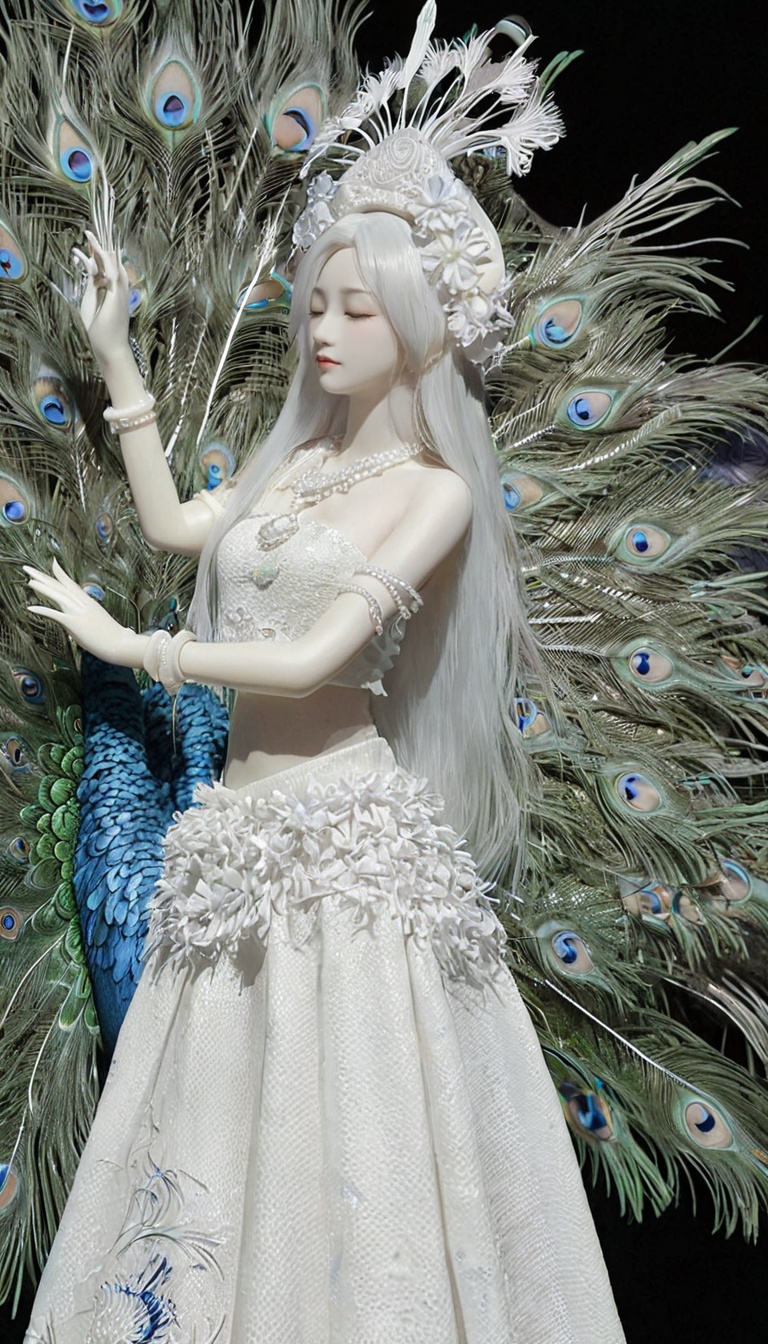 dehuabaici, closed eyes, white hair, long hair, young woman skin made of porcelain ,miaoyuansu, miao5, exquisite facial features,hair ornament, hat, bracelet, necklace, dancing, belt, upper body, bare shoulders, night, starry sky, moon, ray tracing,colorful,fireflies,  feathers, peacock feathers, peacock, peacock fanning out its tail in a splash of colours, cold theme, Miao outfit, meticulous silver headdress, an array of ornate jewelry adorned with silver coins, neon lighting, Scenes from dreams, beautiful scenes, dreamy beautiful forests, glowing beautiful plants, white long hair fluttering in the wind, fluorescent liquid splashing from the edge of the skirt, scatteringbacklighting, low angle shot, from below, wide shot, soft,stunning colors,light particles,<lora:dehuabaiciSDXL-000011:0.9> <lora:miaoyuansuSDXL-000009:0.4>