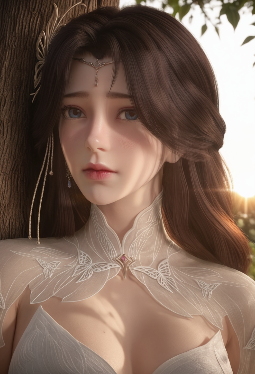 masterpiece,best quality,amazing quality,high resolution,ultra-detailed,absurdres,(looking at viewer:1.1),upper body,(moody lighting:1.1),1girl,solo,long hair,makeup,BREAKcollarbone,sheer overlay,bare shoulders,sheer collar,high collar,jewelry,hair ornament,fantasy dress BREAK photorealistic details,<lora:云曦gh:0.8>,shy,blush,under the tree,sun,sunlight exposure,shyi,