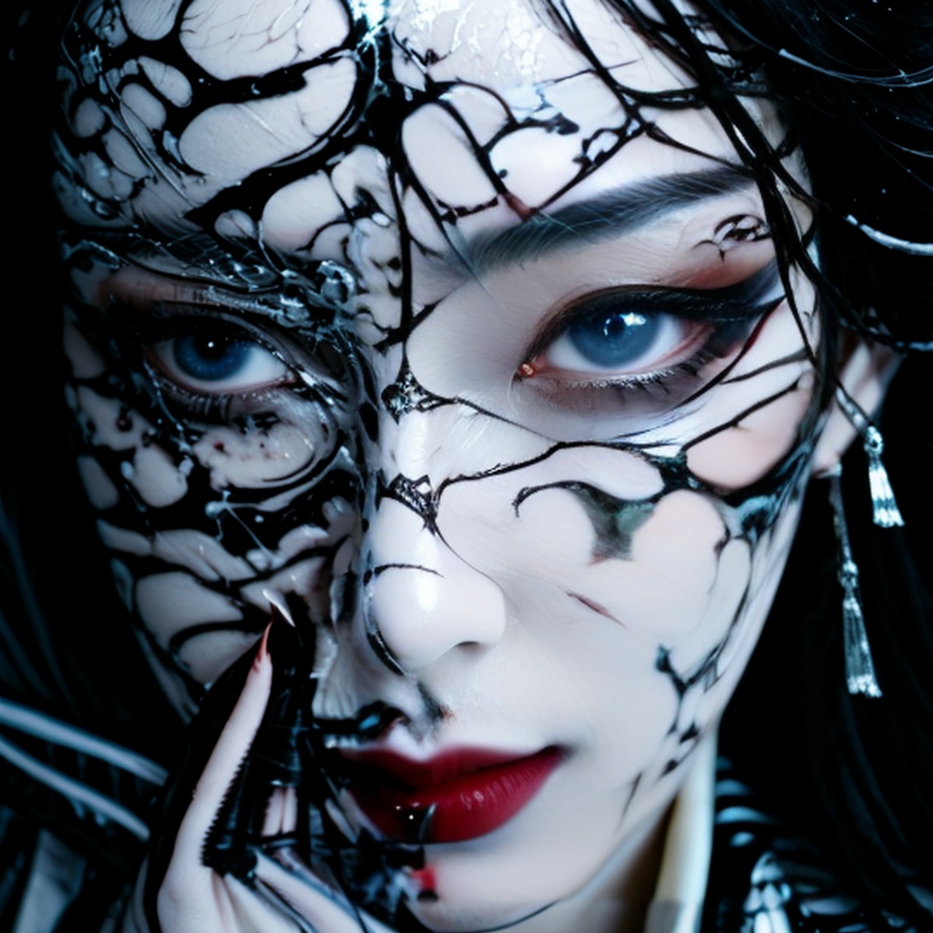 huapi, huapi girl, monster girl, huapighost, 1girl, solo, black hair, portrait, red lips, looking at viewer, parted lips, holding, fingernails, jewelry, blue eyes, earrings, lips, teeth, close-up, holding weapon, long hair, black background, lipstick, eyelashes,<lora:LCM_LoRA_Weights_SD15:1>,<lora:NewHuapi:1>,