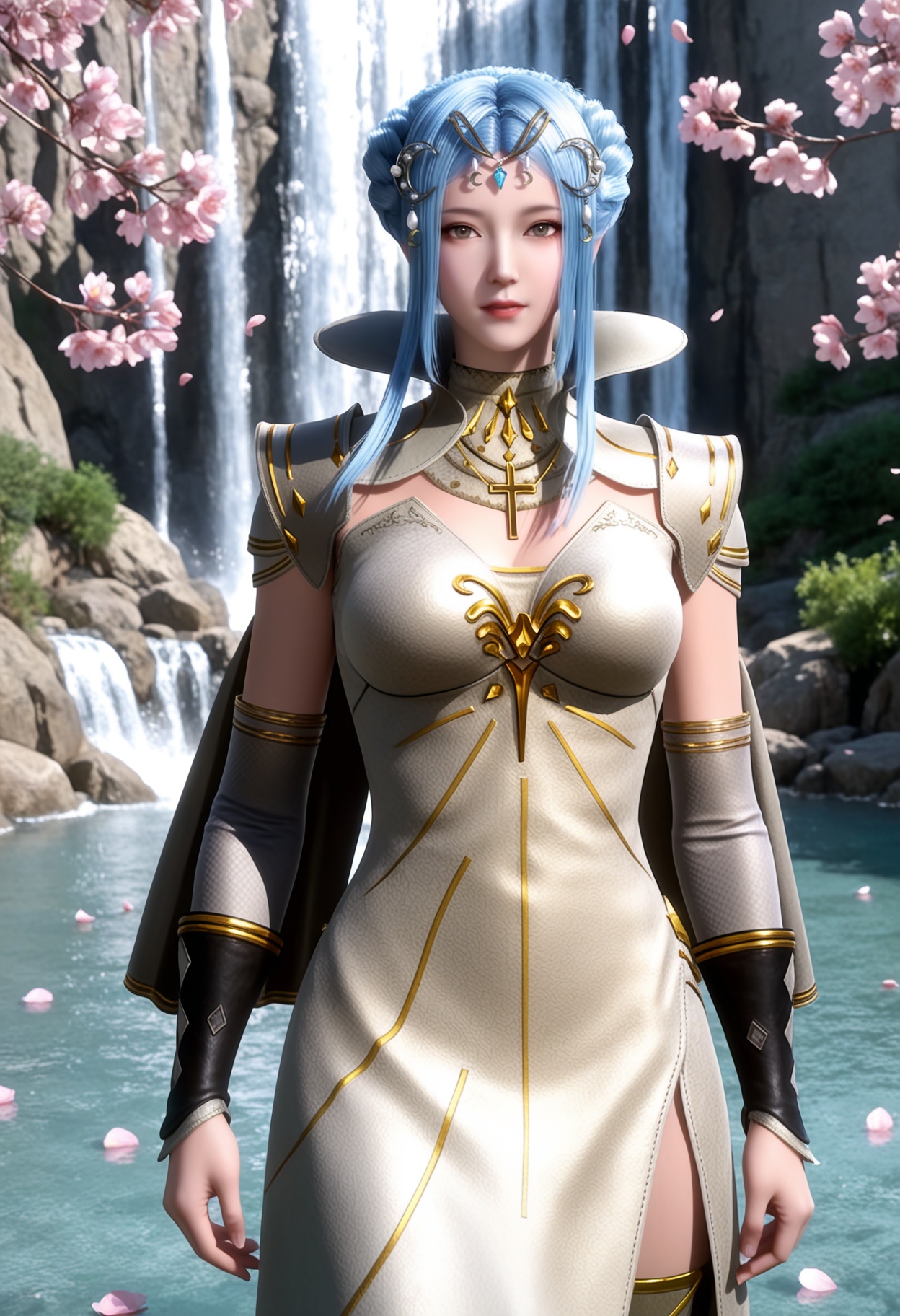 masterpiece,best quality,amazing quality,high resolution,ultra-detailed,absurdres,(looking at viewer:1.1),upper body,(moody lighting:1.1),waterfall,peach blossom,falling petals BREAK large breasts,tangyuehua,1girl,solo,light blue hair,hair ornament,hair bun,dress,sidelocks,braid,elbow gloves,realistic,brown eyes,high collar,necklace,detached sleeves,golden cross decoration,jewelry,armor,long hair,cape,thighhighs,thigh boots BREAK photorealistic details,<lora:QQSilltangyuehuaV1:0.8>,