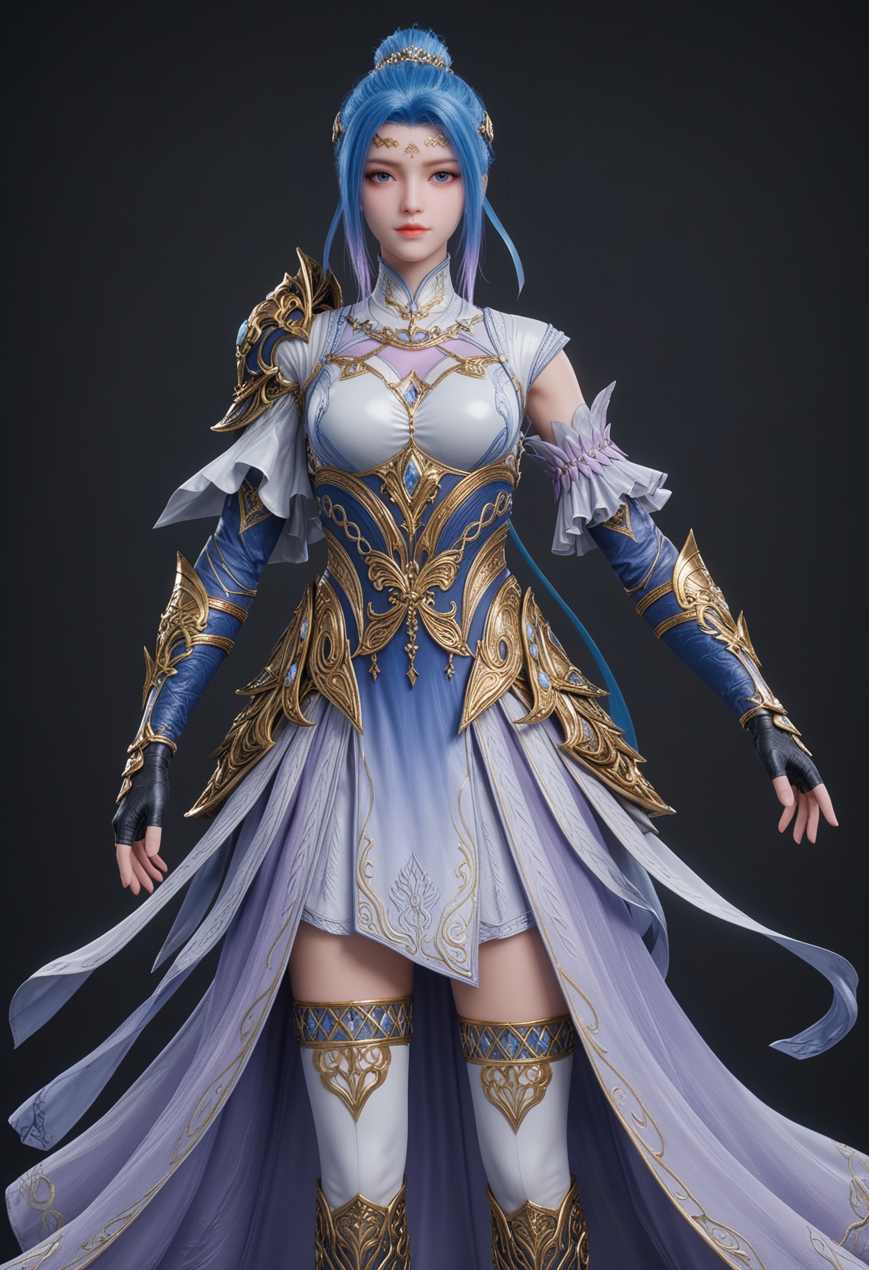 (cowboy shot:1.2),score_9,score_8_up,masterpiece,(best quality),intricate details,facing viewer,(looking at viewer:1.1),<lora:YQ_pony_tangwutong_fuzhuang4_V4:0.8>,q1528437228,1girl,solo,blue hair,dress,blue eyes,hair bun,hair ornament,armor,gloves,single hair bun,forehead mark,white dress,fingerless gloves,boots,thighhighs,shoulder armor,high heels,short hair,long hair,blue dress,high heel boots,black gloves,detached sleeves,knee boots,multicolored hair,pauldrons,jewelry,skirt,white thighhighs,BREAKscore_9,score_8_up,masterpiece,(best quality),perfect anatomy,(hourglass),perfect face,(simple background,pure black background,black background:1.1),fair_skin,shiny_skin,Ivory_skin,