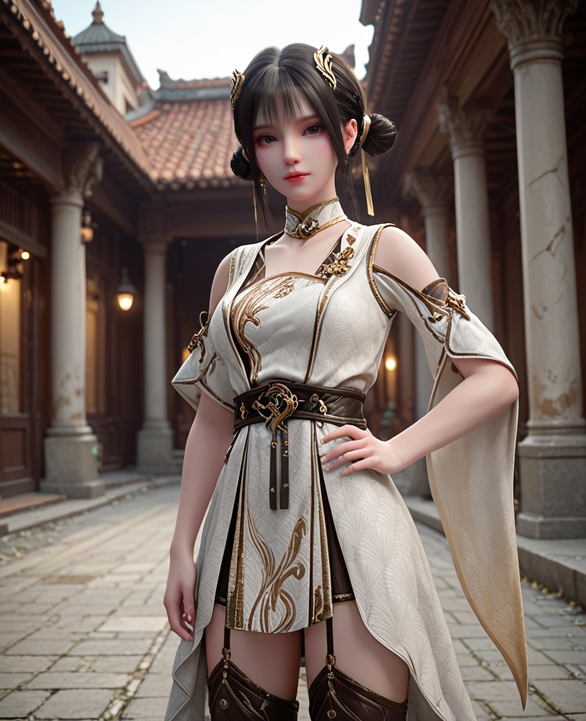 (oriental architecture, elegant decor, sophisticated style:1.1),(Hands on the hips, looking confident:1.1),looking at viewer,(breasts:1.2),<lora:XL斗破苍穹丹晨:0.9>,miss danchen,brown underdress,white robe,detached collar,belt,shoulder cutout,black eyes,black hair,bangs,sidelocks,hair ornament,double bun,boots,, score_9,score_8_up,score_7_up,score_6_up,score_5_up,score_4_up,3d rendering,tag1,tag2, Cinematic Lighting,backlighting,, zPDXL3, zPDXL2,zPDXL, zPDXLxxx, zPDXLrl,