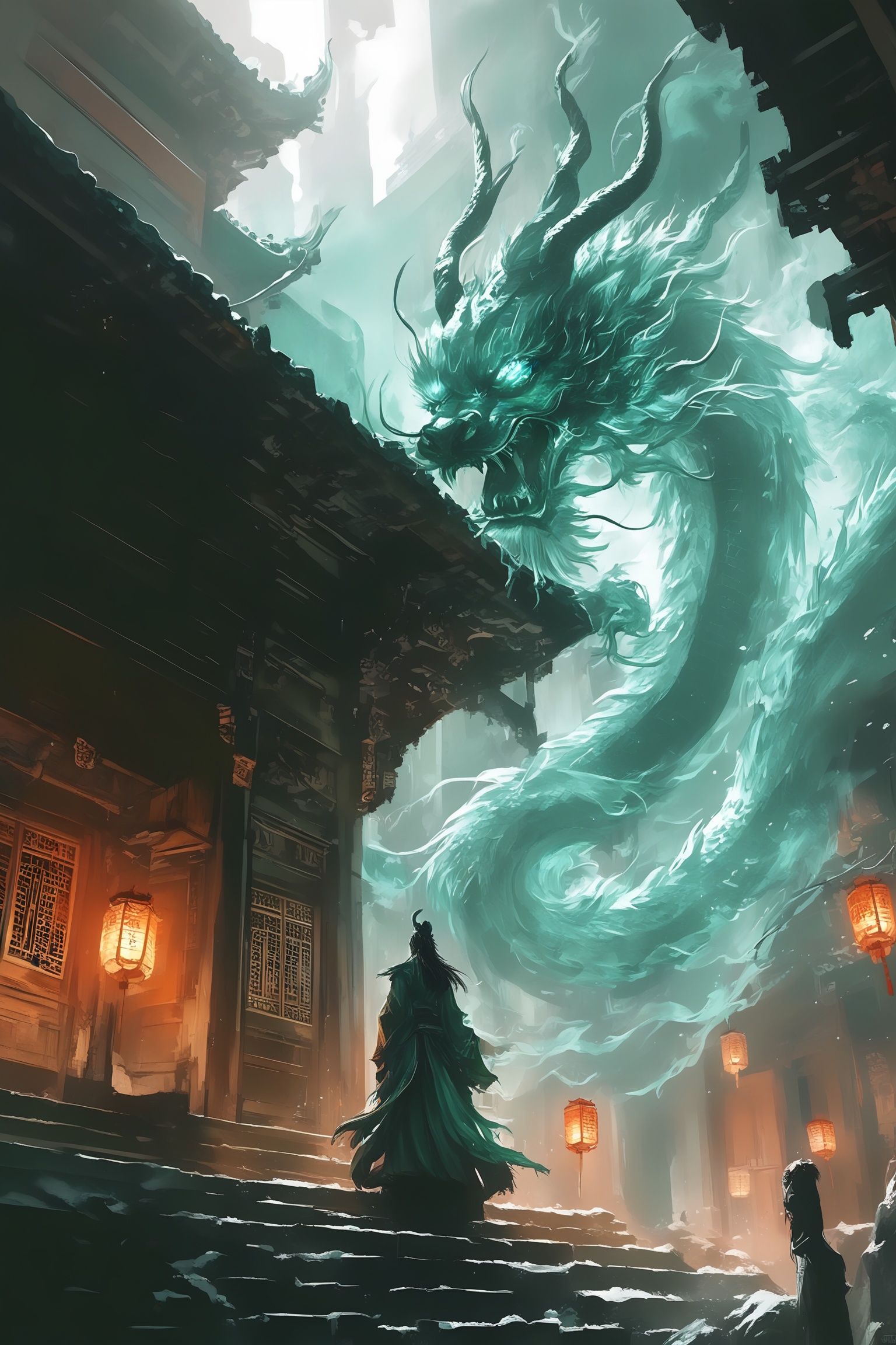 yishou,The image depicts a mystical scene set in a traditional East Asian architectural environment,likely a temple or palace. The atmosphere is ethereal,with a glowing blue dragon emerging from the shadows,its body intricately detailed and swirling with energy. The dragon's presence is both awe-inspiring and serene,as it seems to be in a state of calm power.,In the foreground,a figure dressed in flowing,dark green robes stands on a set of stone steps,gazing up at the dragon. The figure's posture suggests reverence or contemplation,adding to the mystical ambiance of the scene. The surrounding architecture features wooden beams,ornate windows,and hanging lanterns,which are softly illuminated,casting a warm glow against the cool blue tones of the dragon.,The overall mood of the image is one of wonder and tranquility,blending elements of fantasy and cultural heritage.,