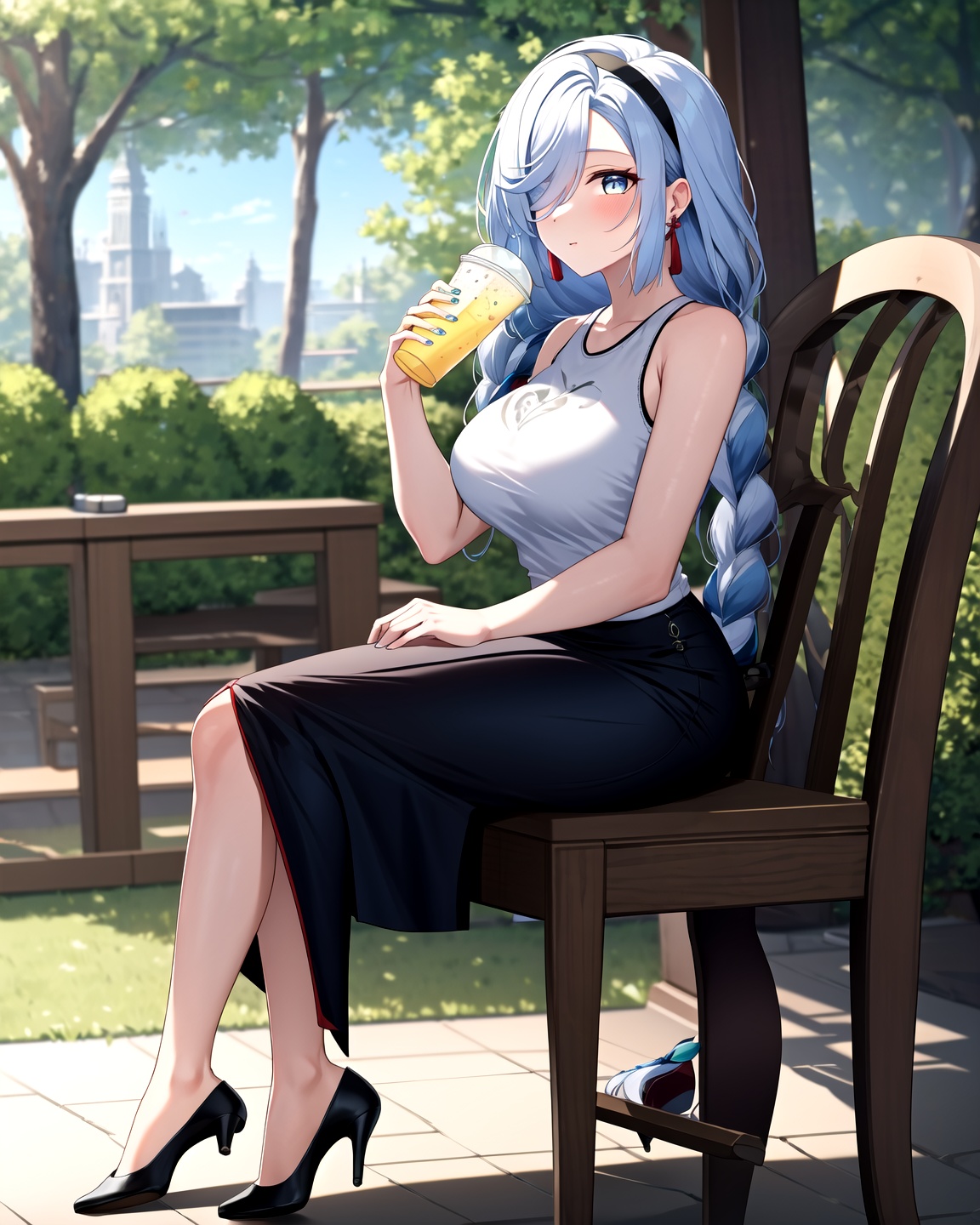 shenhe,genshin impact,1girl,shenhe \(genshin impact\),solo,long hair,sleeveless,braid,black skirt,looking at viewer,jewelry,sitting,skirt,earrings,cup,breasts,shirt,hair over one eye,alternate costume,bag,high heels,blue eyes,chair,holding,table,full body,handbag,sleeveless shirt,black footwear,tassel,white shirt,hairband,outdoors,large breasts,tassel earrings,eyes visible through hair,white hair,braided ponytail,tree,bangs,<lora:shenhe_v10_lora:1>,, masterpiece, best quality