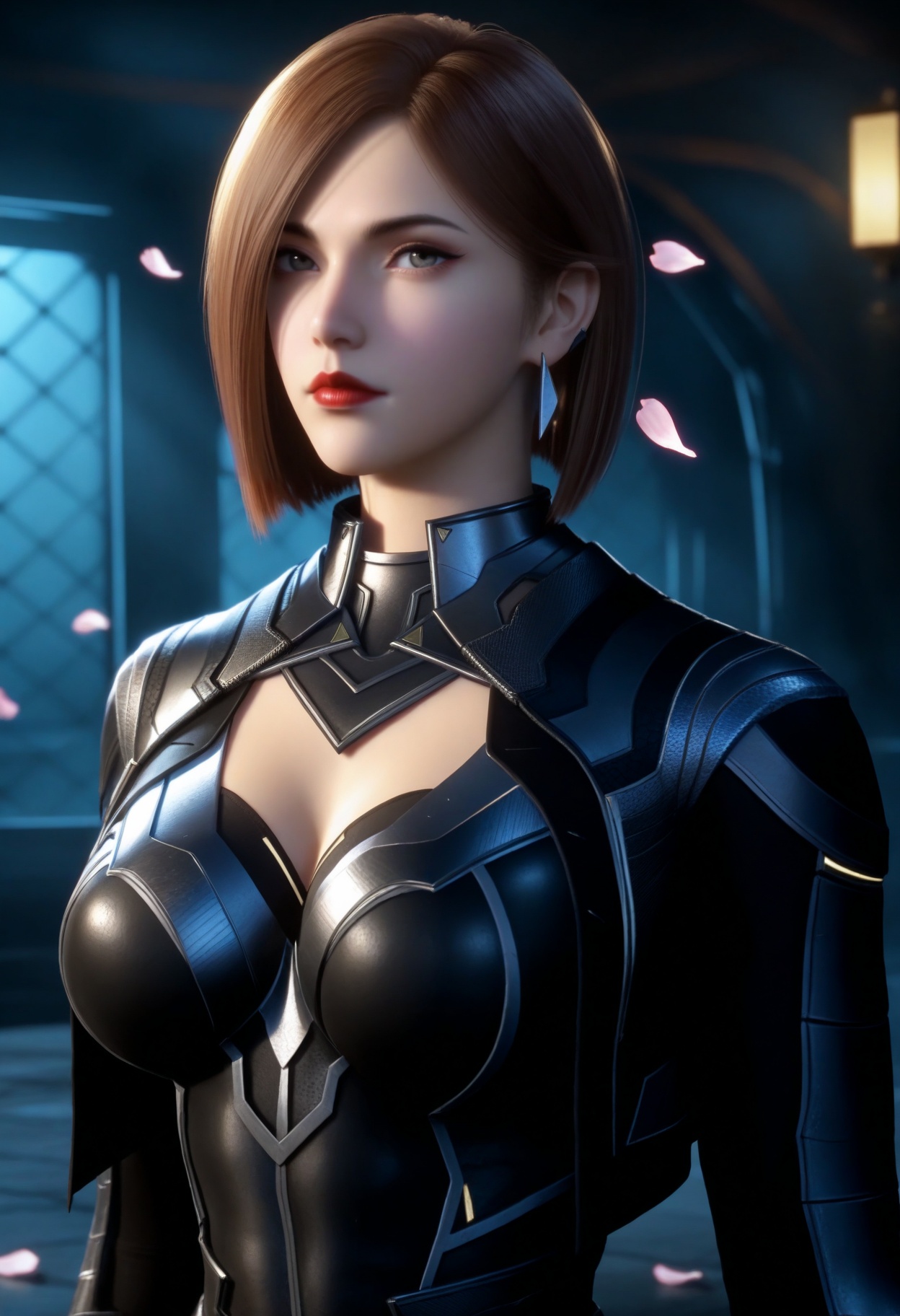 masterpiece,best quality,amazing quality,very aesthetic,high resolution,ultra-detailed,absurdres,scenery,photorealistic,(looking at viewer:1.1),upper body,(Dark room:1.3),(moody lighting:1.1),peach blossom,falling petals,(large breasts:0.8),jiangfang,1girl,solo,brown hair,short hair,armor,jewelry,earrings,realistic,grey eyes,cleavage cutout,bodysuit,clothing cutout,red lips,high_heel_boots BREAK photorealistic details,<lora:QQSilljiangfangV1:0.8>,