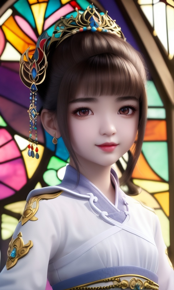 (,1girl, ,best quality, ),looking at viewer, <lora:389-DA-永生-虚月儿:0.8> ,,ultra detailed background,ultra detailed background,ultra realistic 8k cg,,, (close-up portrait),(upper body:1.22),(realistic:1.11),(Photo-referencing),HDR,Studio Lighting,Soft Lighting, ,, a slender petite little girl,Delicate muscle lines,(Skinny body),(solo:1.5),( looking at viewer:1.22),The white shiny skin, (smirk:1.2),(dynamic pose),, (very long payot),,parted bangs, (floating hair), (jewelry:1.17), necklace, earrings,(colorful:1.27),(stained glass background),(),(()),, 1girl, solo, , lips,chinese_clothes, ,  female child, 