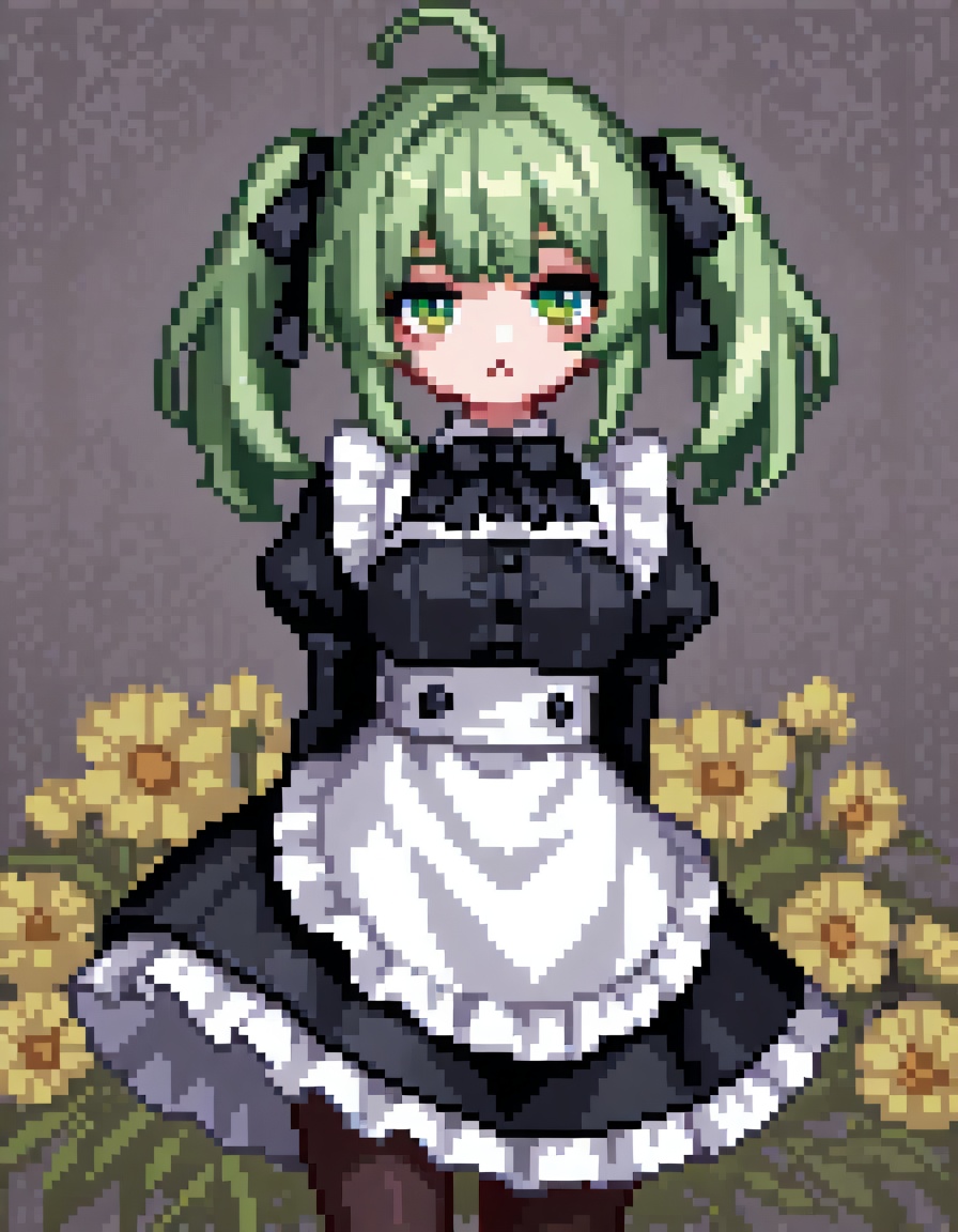 1girl, solo, breasts, looking at viewer, bangs, long sleeves, dress, bow, ribbon, twintails, closed mouth, green eyes, hair ribbon, flower, ahoge, pantyhose, cowboy shot, frills, green hair, puffy sleeves, apron, black dress, black pantyhose, maid, black ribbon, black bow, arms behind back, cat, frilled dress, juliet sleeves, white apron, :<, floral background, black cat