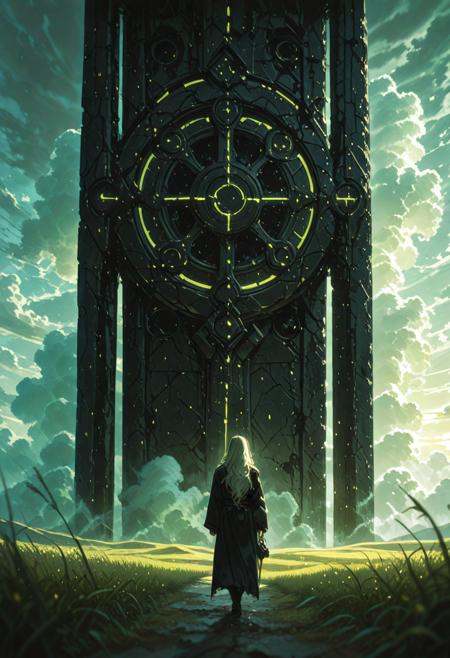 Color-grain Summer scene of a woman with billowing Long Hair Walking through a vast Green meadow Landscape with to a giant open door with a deep black abyss Grabbling Out of it resembling a stargate, veiled in a DARK robe resembling a jedi, very detailed, sunrise behind fluffy Clouds with extrem volumetric lighting backdrop, atmospheric haze, Film grain, cinematic film still, shallow depth of field, highly detailed, high budget, cinemascope, moody, epic,