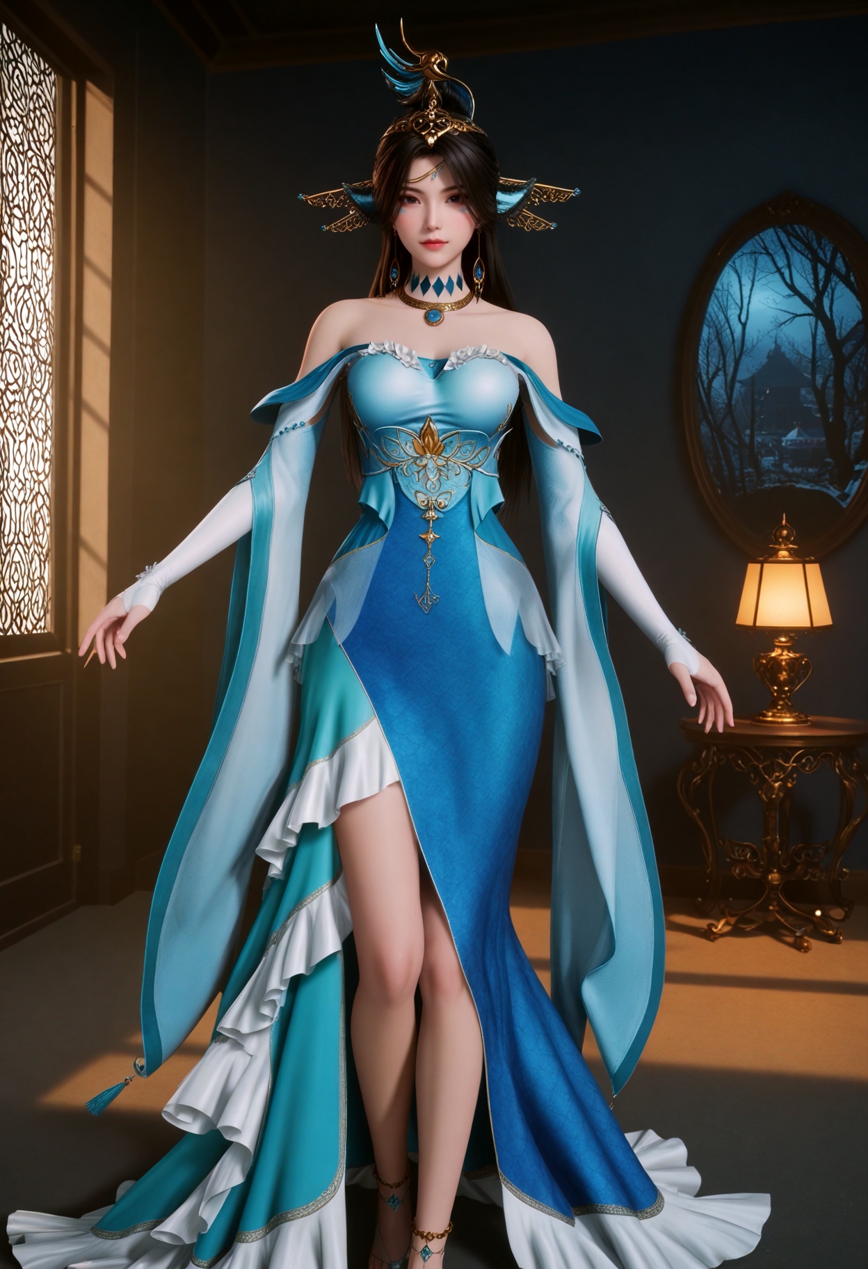 upper_body,(gigantic breasts:0.6),(slender:1.3),(looking_at_viewer:1.1),(masterpiece:1.1),(best quality:1.2),(intricate details),(smog:1.3),(Dark room:1.3),(dim lighting:1.3),<lora:YQ_Illustrious光辉v5_碧波仙子_V1:0.8>,(q1528437228:1.3),1girl,solo,jewelry,black_hair,long_hair,hair_ornament,bare_shoulders,dress,necklace,blue_dress,earrings,animal_ears,anklet,brown_hair,long_sleeves,blue_hair,detached_sleeves,gem,head_fins,crown,elbow_gloves,feathers,frills,masterpiece,(best quality),(intricate details:0.9) BREAK (intricate details:0.9),(realistic skin:1.2),masterpiece,best quality,newest,absurdres,hiahres,