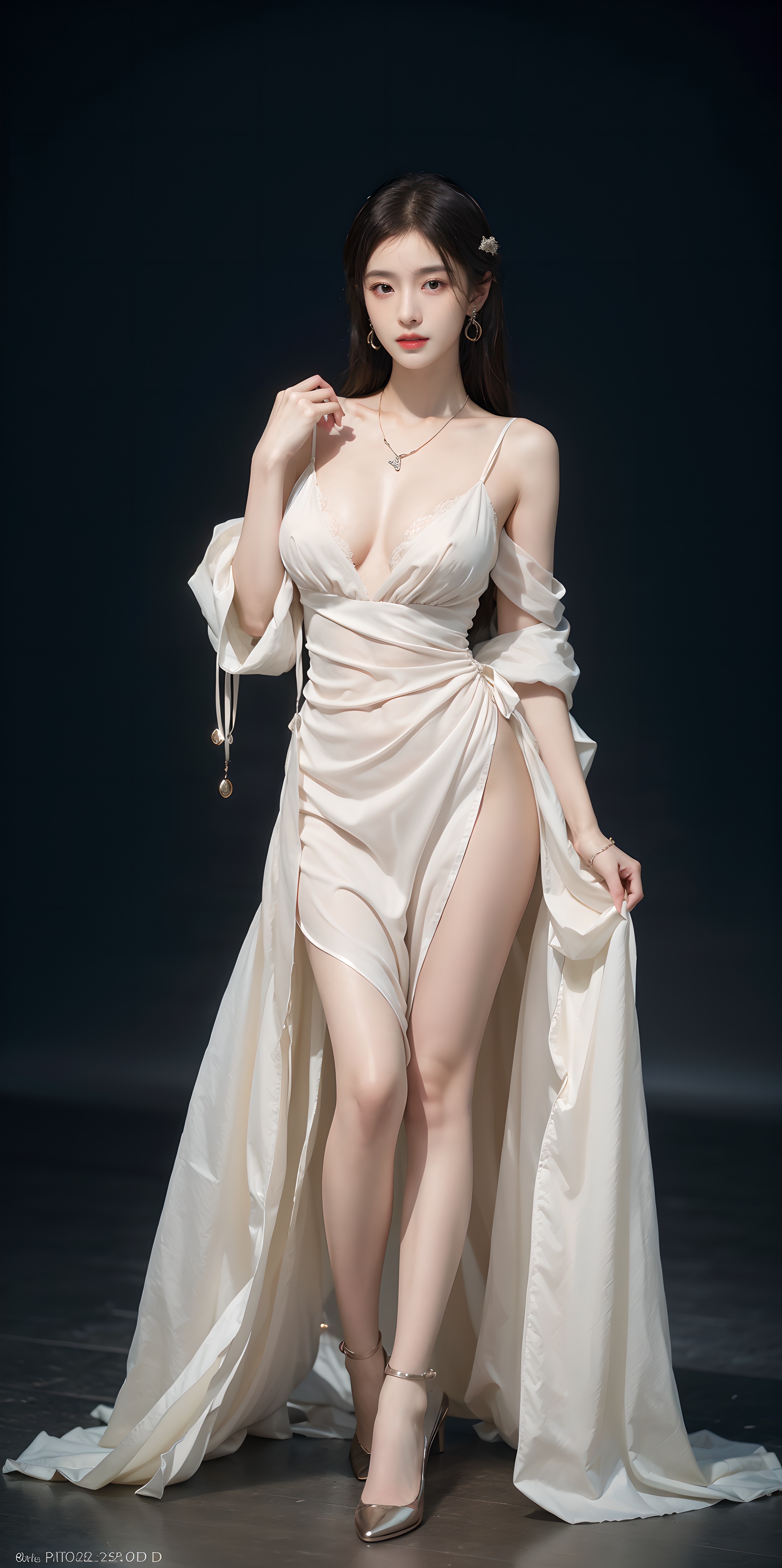 1girl, solo, realistic, jewelry, necklace,   dress, breasts,   earrings, lips,  full body:2,simple background, looking at viewer, medium breasts, makeup,fashion model,picture-perfect face,flowing hair,shiny skin,,(Shooting background board,photostudio),(simple),(masterpiece, top quality),master piece,professional artwork,famous artwork,(realistic,photorealistic:1.37) ,HDR,UHD,8K, ultra realistic 8k cg,8K, 32k,HD,  <lora:abel好看的姿势:0.6> <lora:abel光艺术:0.1> <lora:YFilter_BeautyFace_CN_V1:0.35>