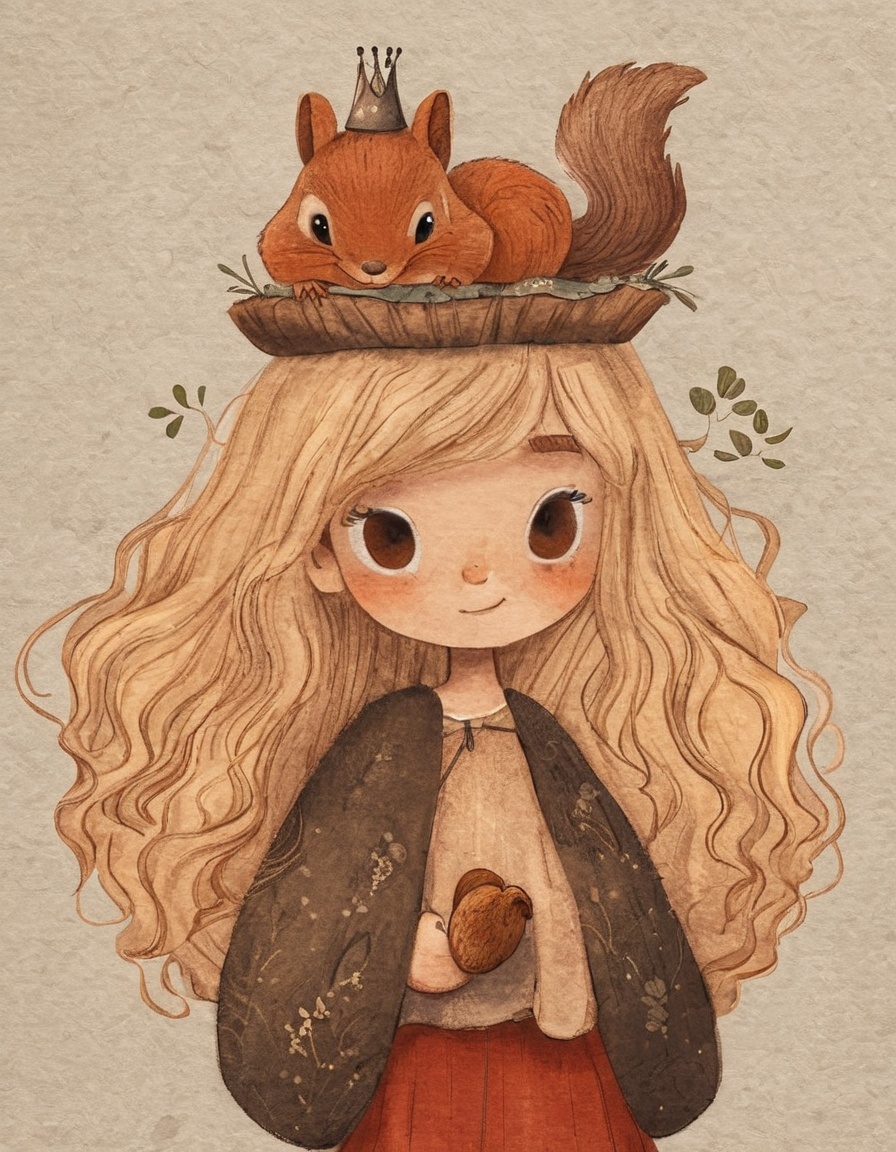 nelli_artstyle,  ,  A girl with long blonde hair and a crown on her head is holding a mushroom. She is standing next to a...