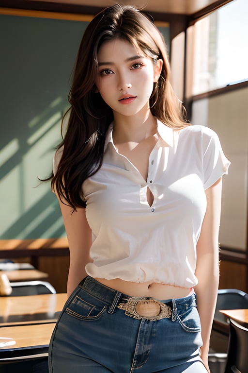 masterpiece,best quality,absurdres,highres,4k,ray tracing,perfect face,perfect eyes,intricate details,highly detailed,1girl,moyou,looking at viewer,sexy pose,(cowboy shot:1.2),classroom,arms behind back,<lora:Sexy Gym uniform:0.8>,shirt,buruma,red buruma,